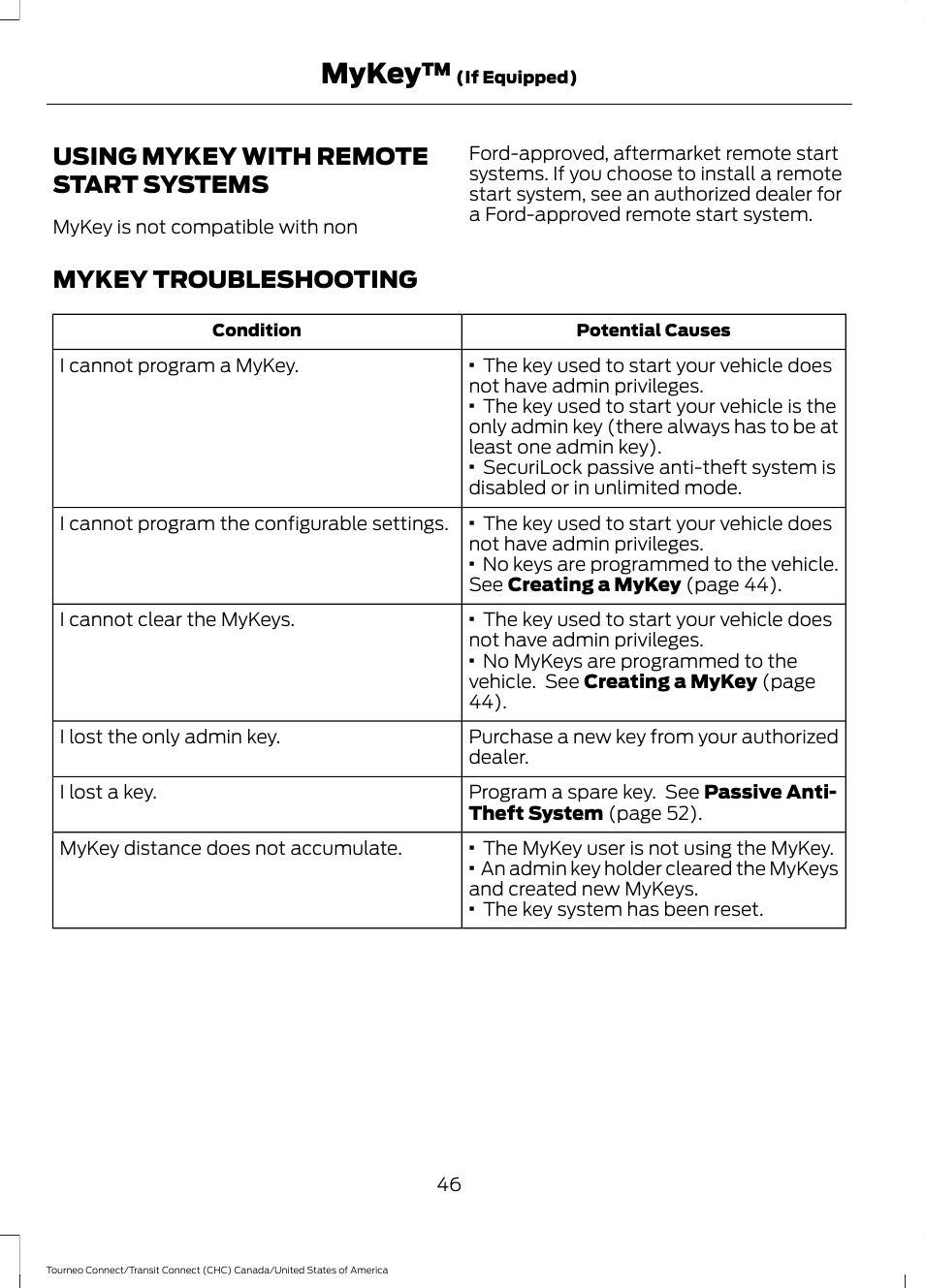 Using mykey with remote start systems, Mykey troubleshooting, Using mykey with remote start | Systems, Mykey | FORD 2014 Transit Connect v.1 User Manual | Page 49 / 401