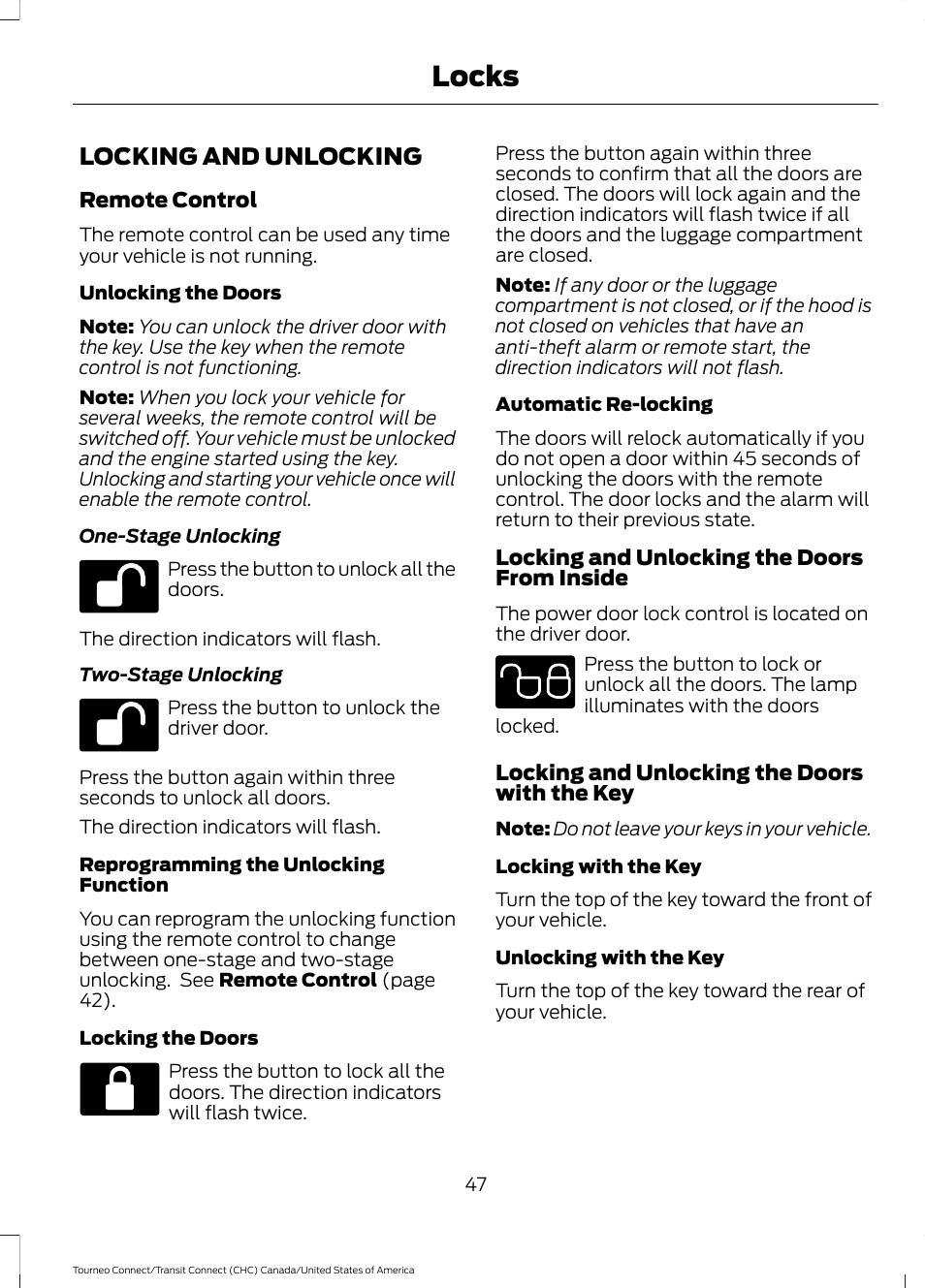 Locks, Locking and unlocking | FORD 2014 Transit Connect v.1 User Manual | Page 50 / 401