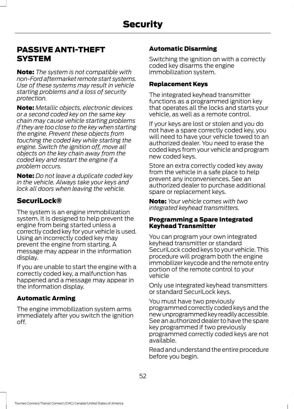 Security, Passive anti-theft system | FORD 2014 Transit Connect v.1 User Manual | Page 55 / 401