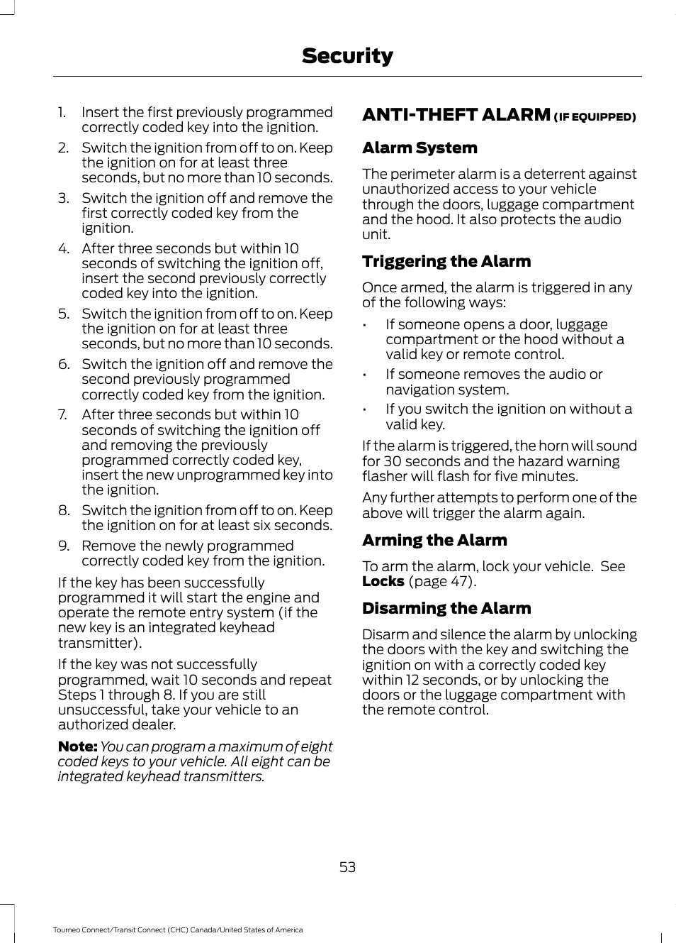 Anti-theft alarm, Security | FORD 2014 Transit Connect v.1 User Manual | Page 56 / 401