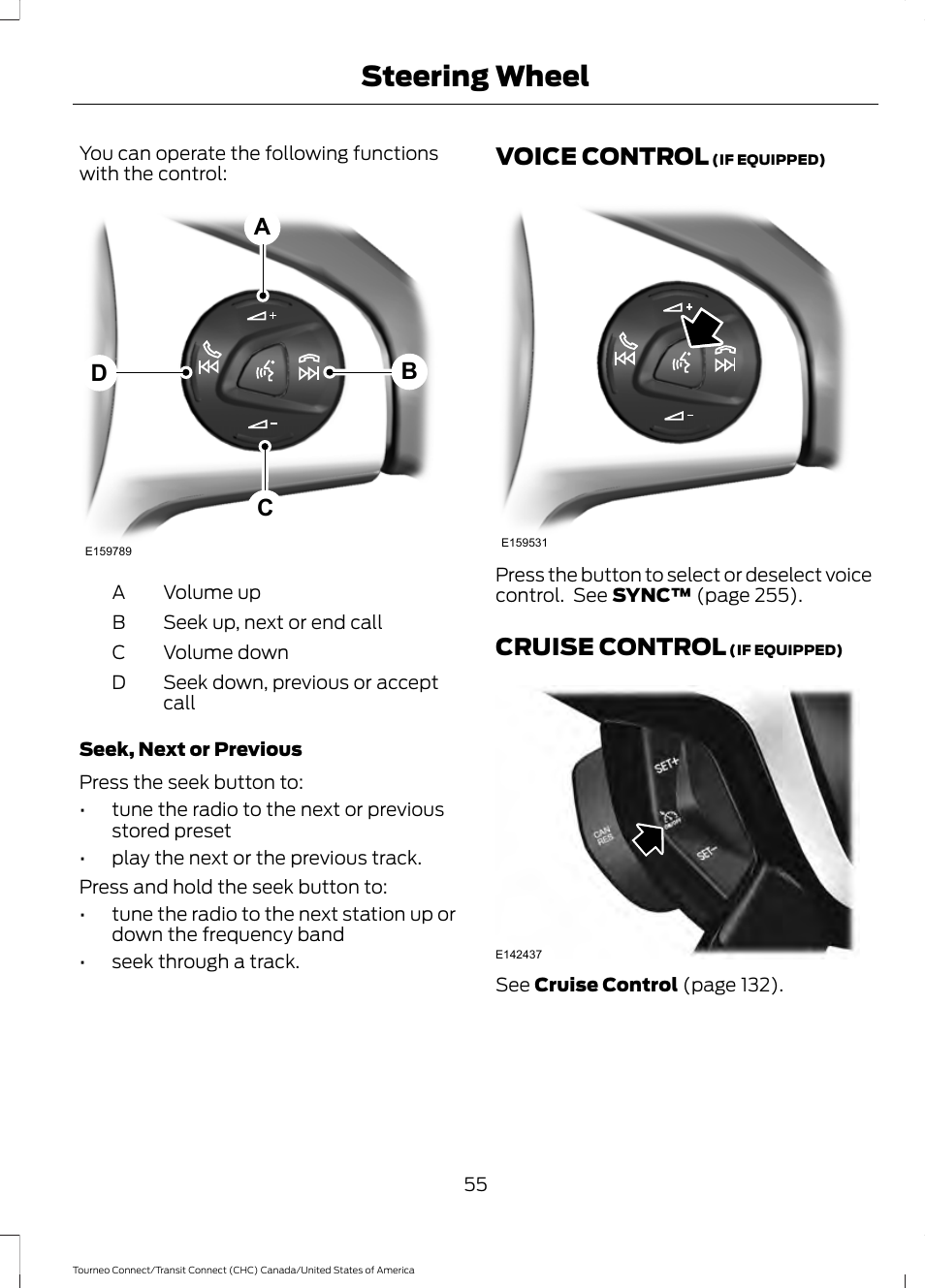 Voice control, Cruise control, Voice control cruise control | Steering wheel, Ab c d | FORD 2014 Transit Connect v.1 User Manual | Page 58 / 401