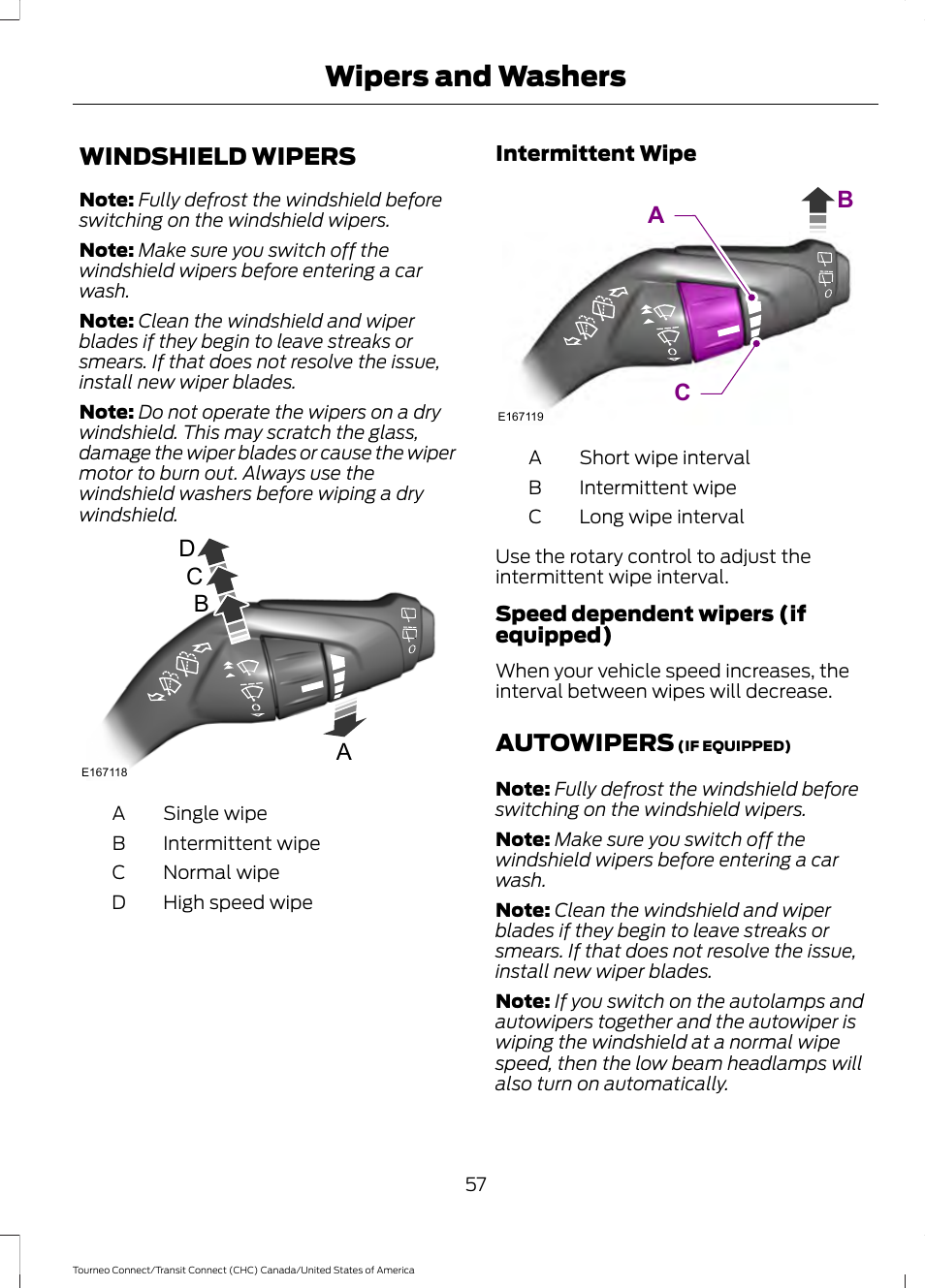 Wipers and washers, Windshield wipers, Autowipers | Windshield wipers autowipers, Dc a b, Ca b | FORD 2014 Transit Connect v.1 User Manual | Page 60 / 401