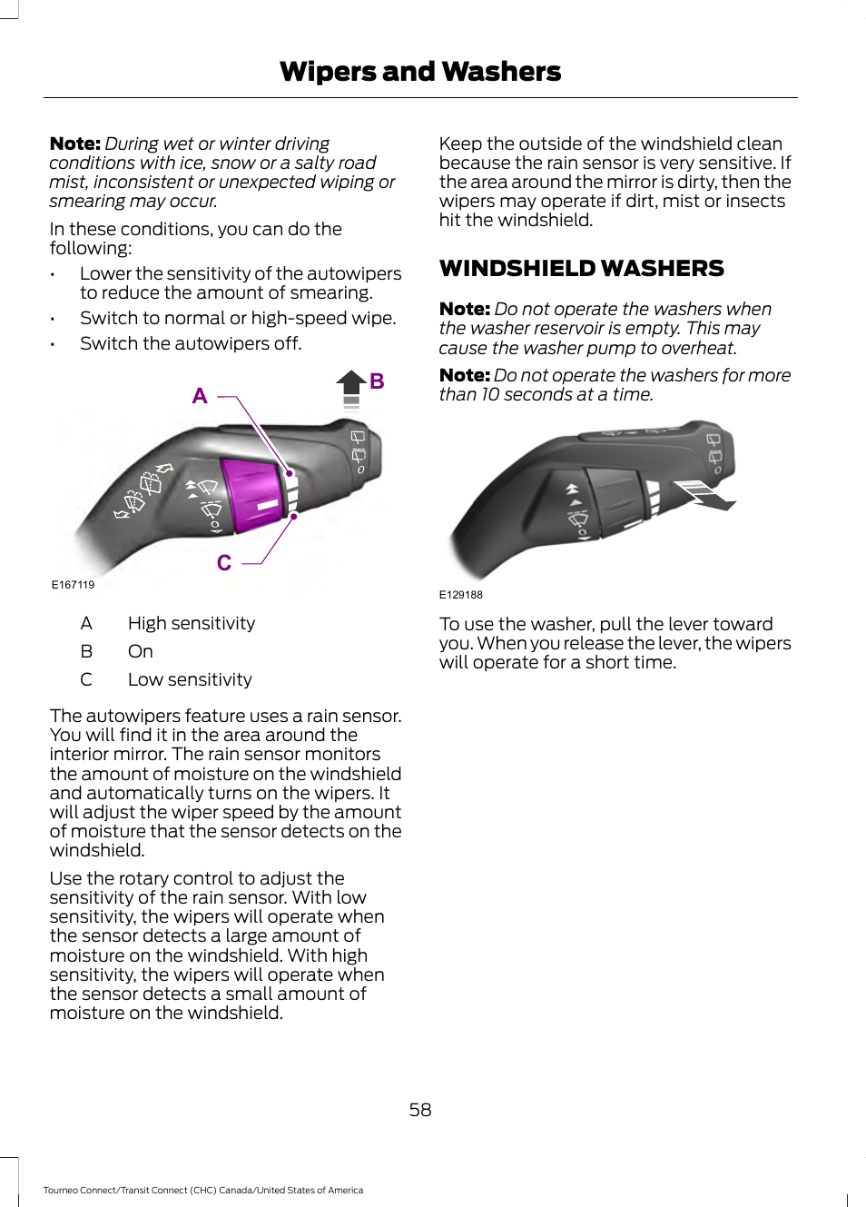 Windshield washers, Wipers and washers, Ca b | FORD 2014 Transit Connect v.1 User Manual | Page 61 / 401