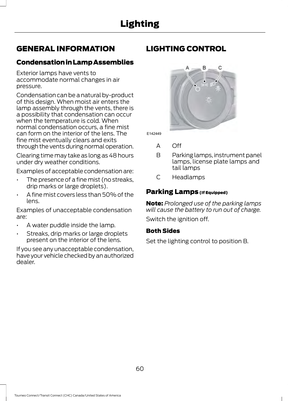 Lighting, General information, Lighting control | General information lighting control | FORD 2014 Transit Connect v.1 User Manual | Page 63 / 401