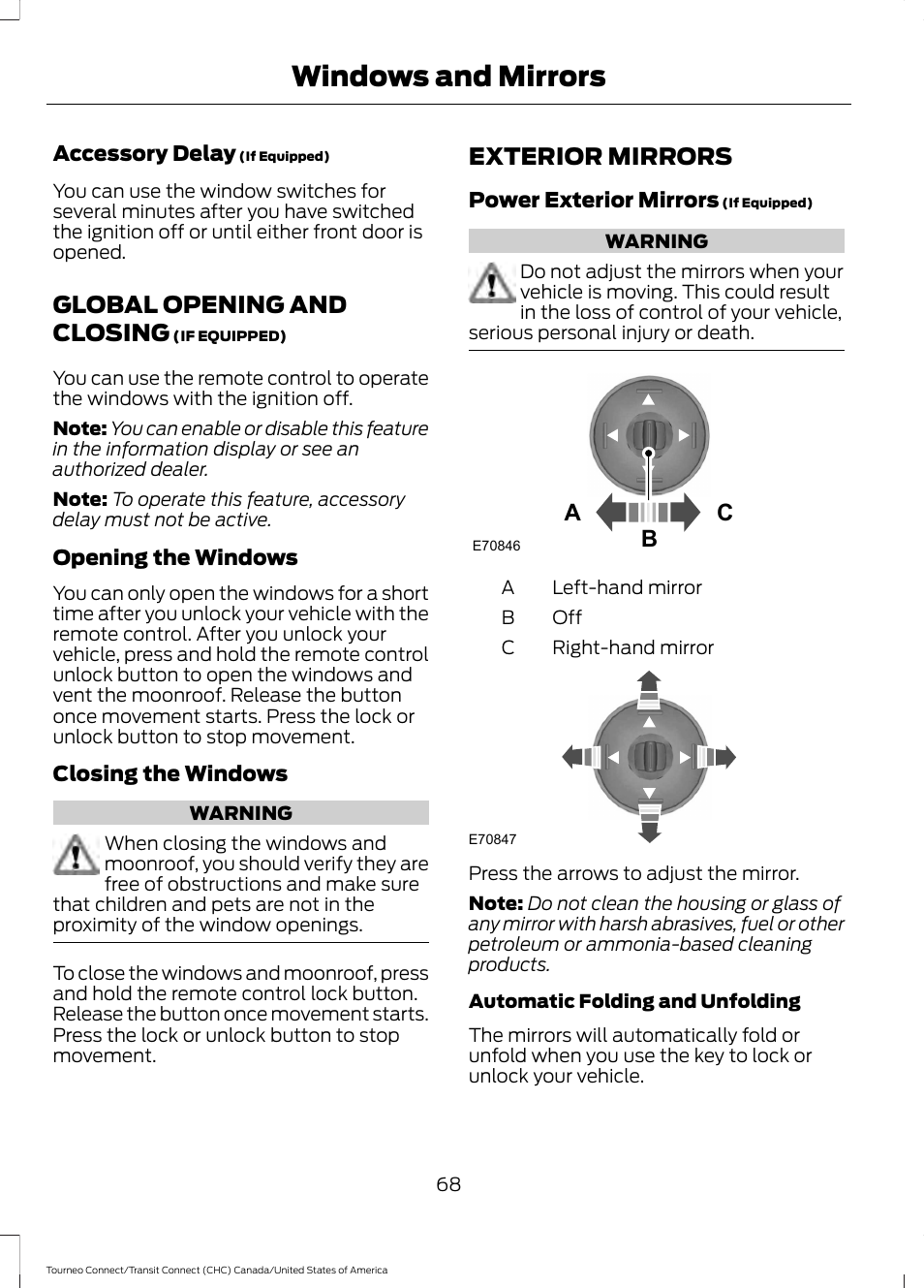 Global opening and closing, Exterior mirrors, Global opening and closing exterior mirrors | Windows and mirrors, Ac b | FORD 2014 Transit Connect v.1 User Manual | Page 71 / 401