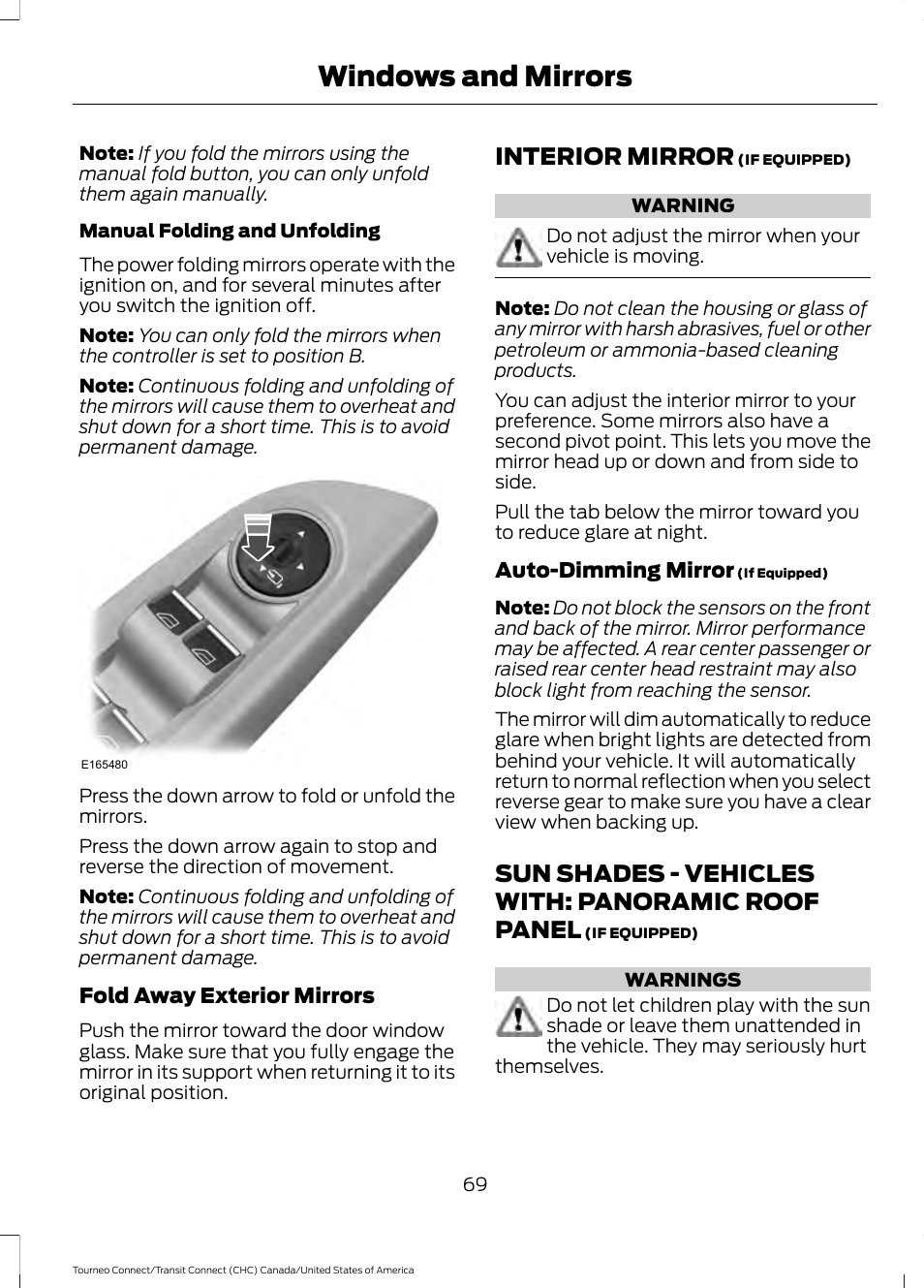 Interior mirror, Sun shades, Roof panel | Windows and mirrors, Sun shades - vehicles with: panoramic roof panel | FORD 2014 Transit Connect v.1 User Manual | Page 72 / 401