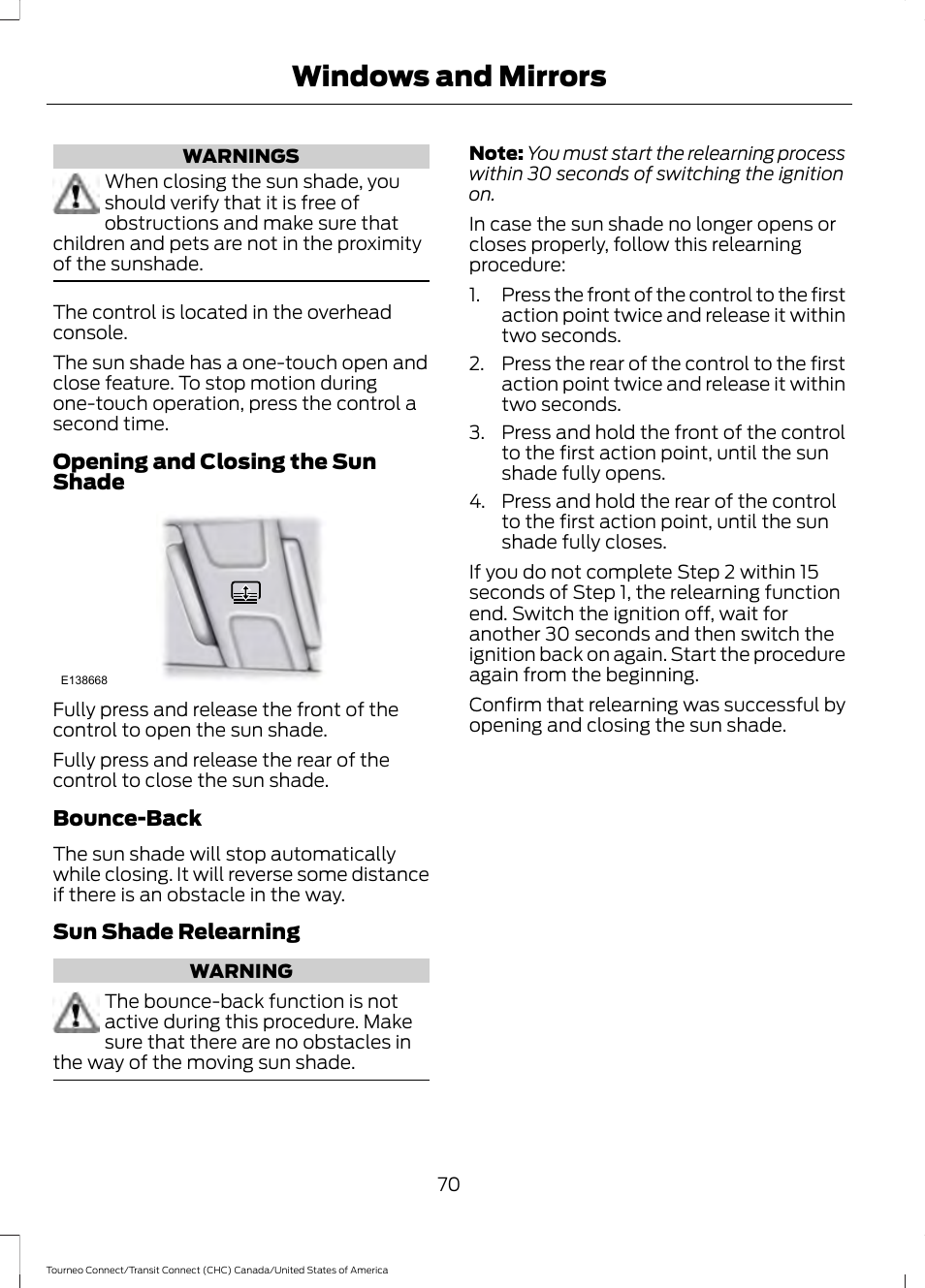 Windows and mirrors | FORD 2014 Transit Connect v.1 User Manual | Page 73 / 401