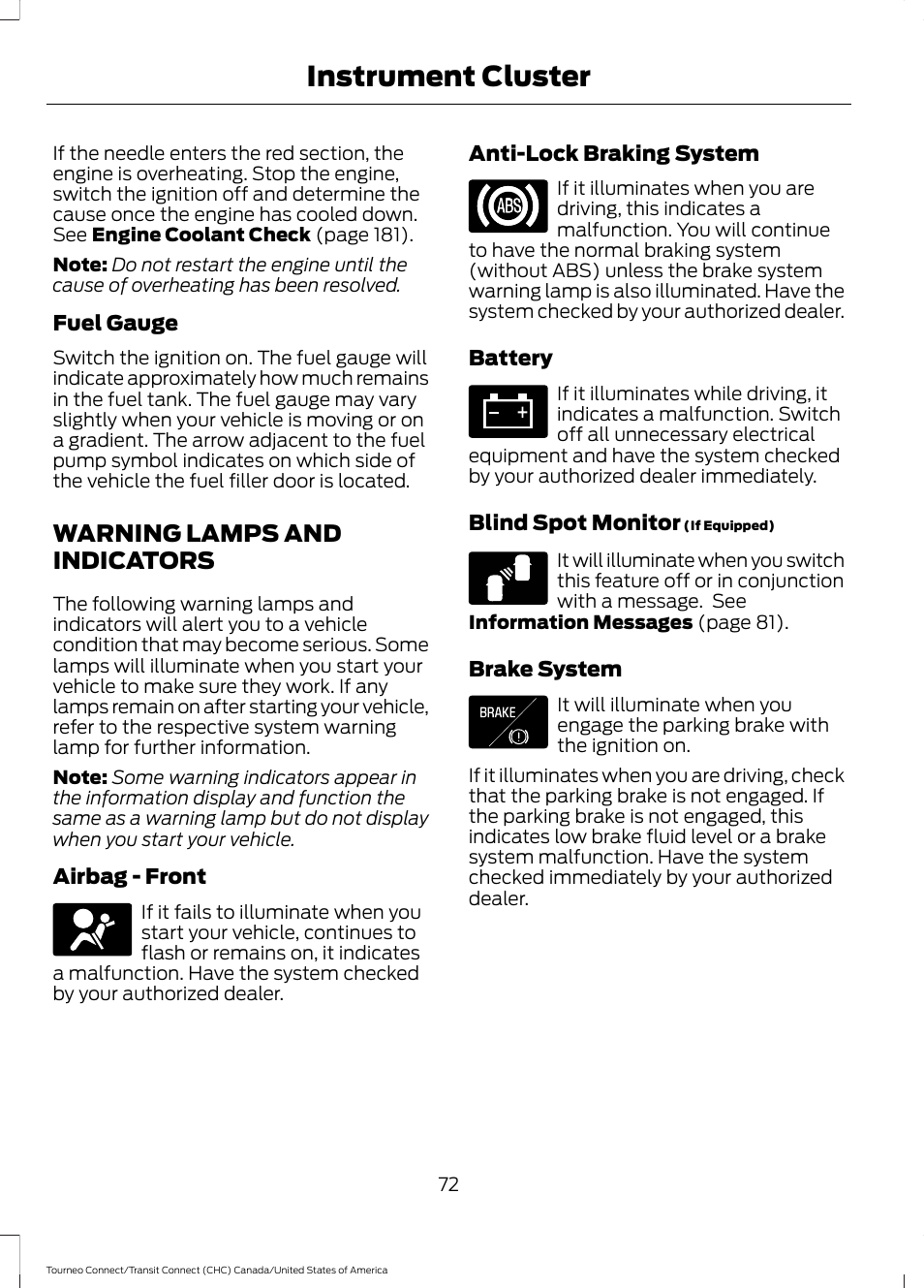Warning lamps and indicators, Instrument cluster | FORD 2014 Transit Connect v.1 User Manual | Page 75 / 401