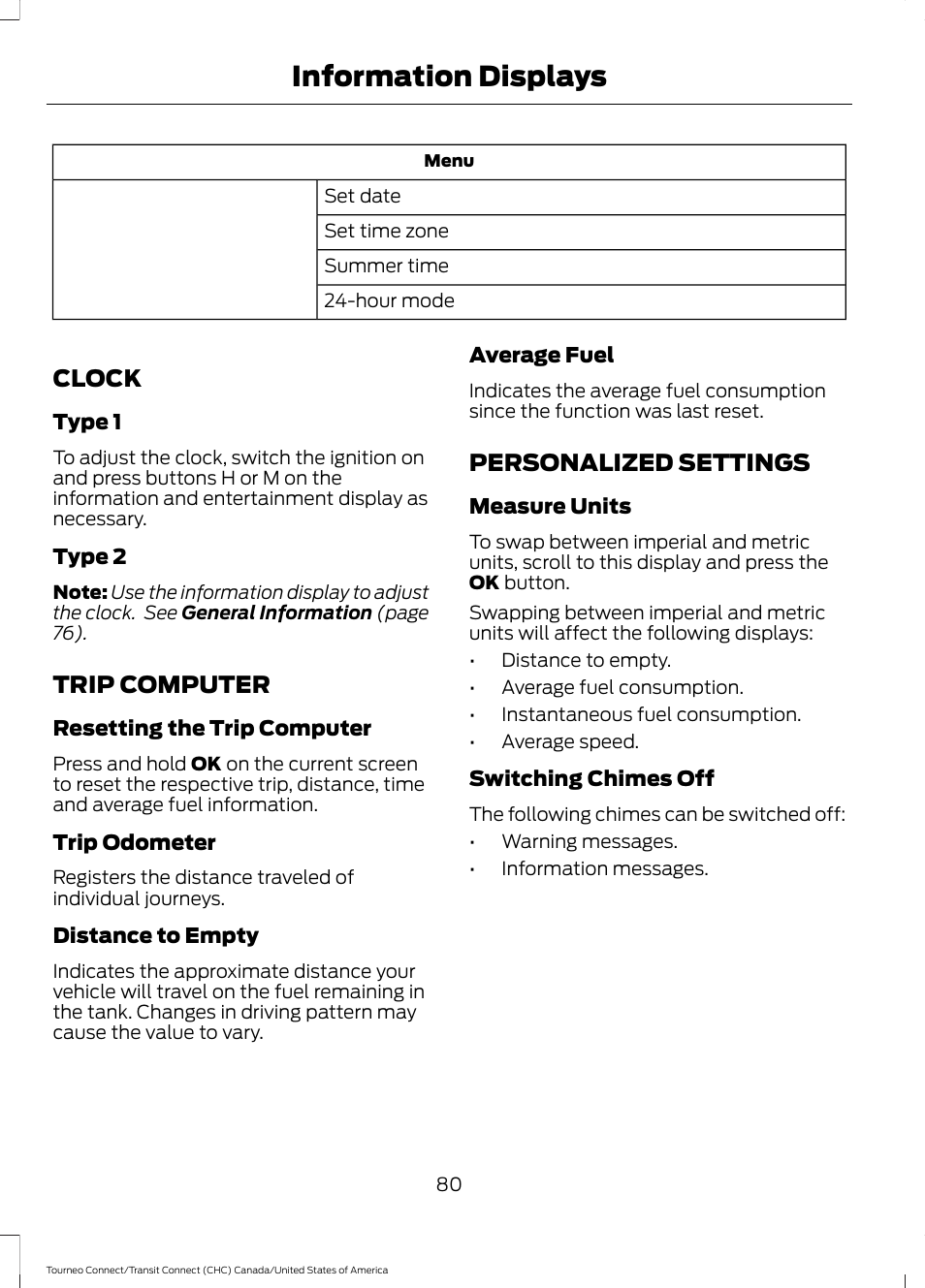 Clock, Trip computer, Personalized settings | Clock trip computer personalized settings, Information displays | FORD 2014 Transit Connect v.1 User Manual | Page 83 / 401