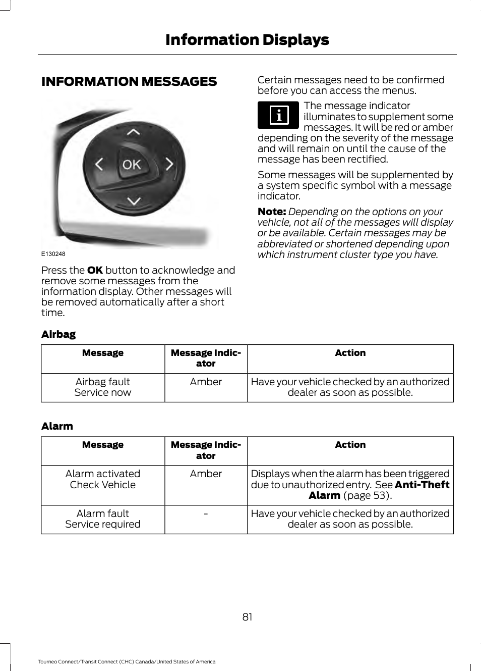 Information messages, Information displays | FORD 2014 Transit Connect v.1 User Manual | Page 84 / 401