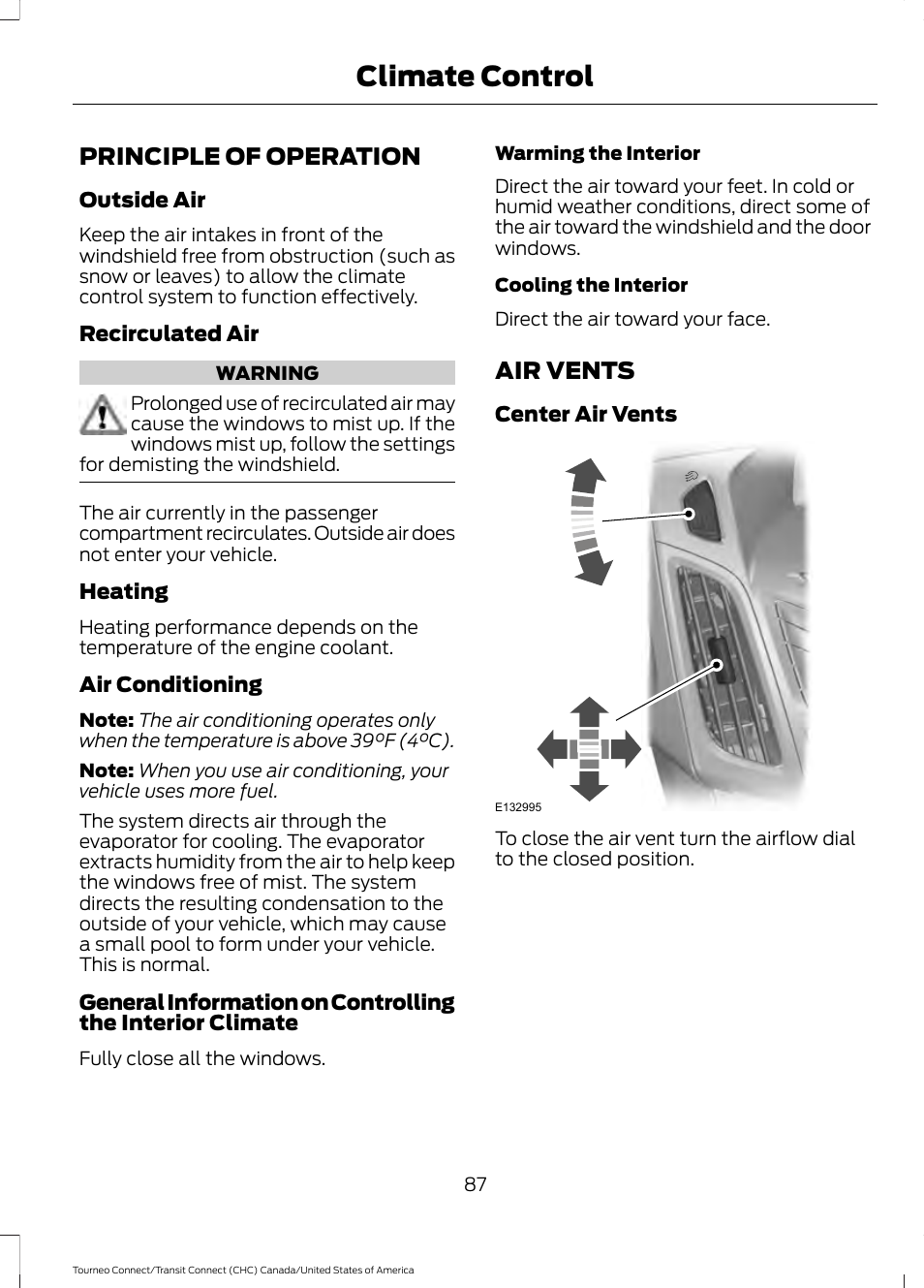 Climate control, Principle of operation, Air vents | FORD 2014 Transit Connect v.1 User Manual | Page 90 / 401