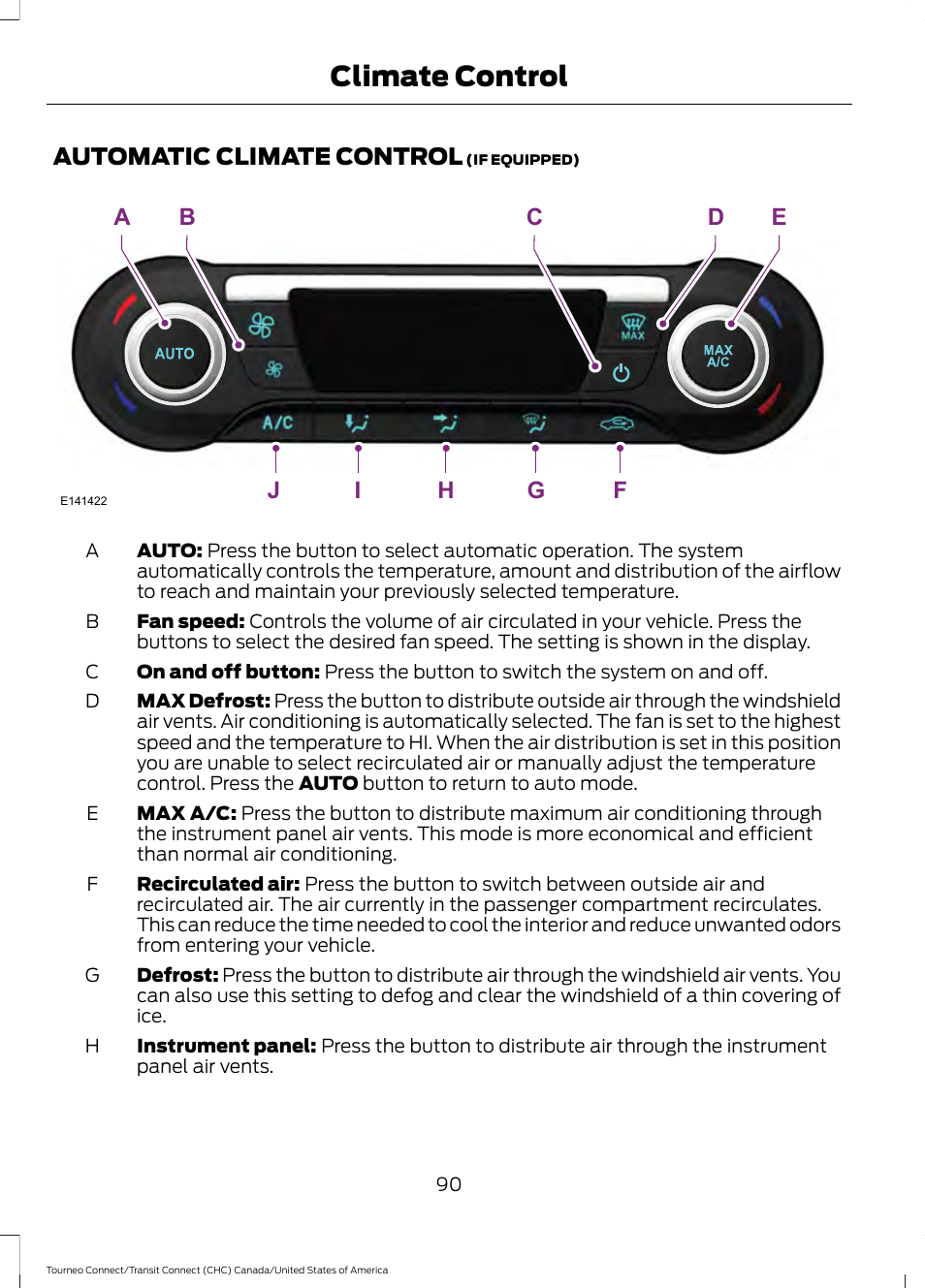 Automatic climate control, Climate control | FORD 2014 Transit Connect v.1 User Manual | Page 93 / 401