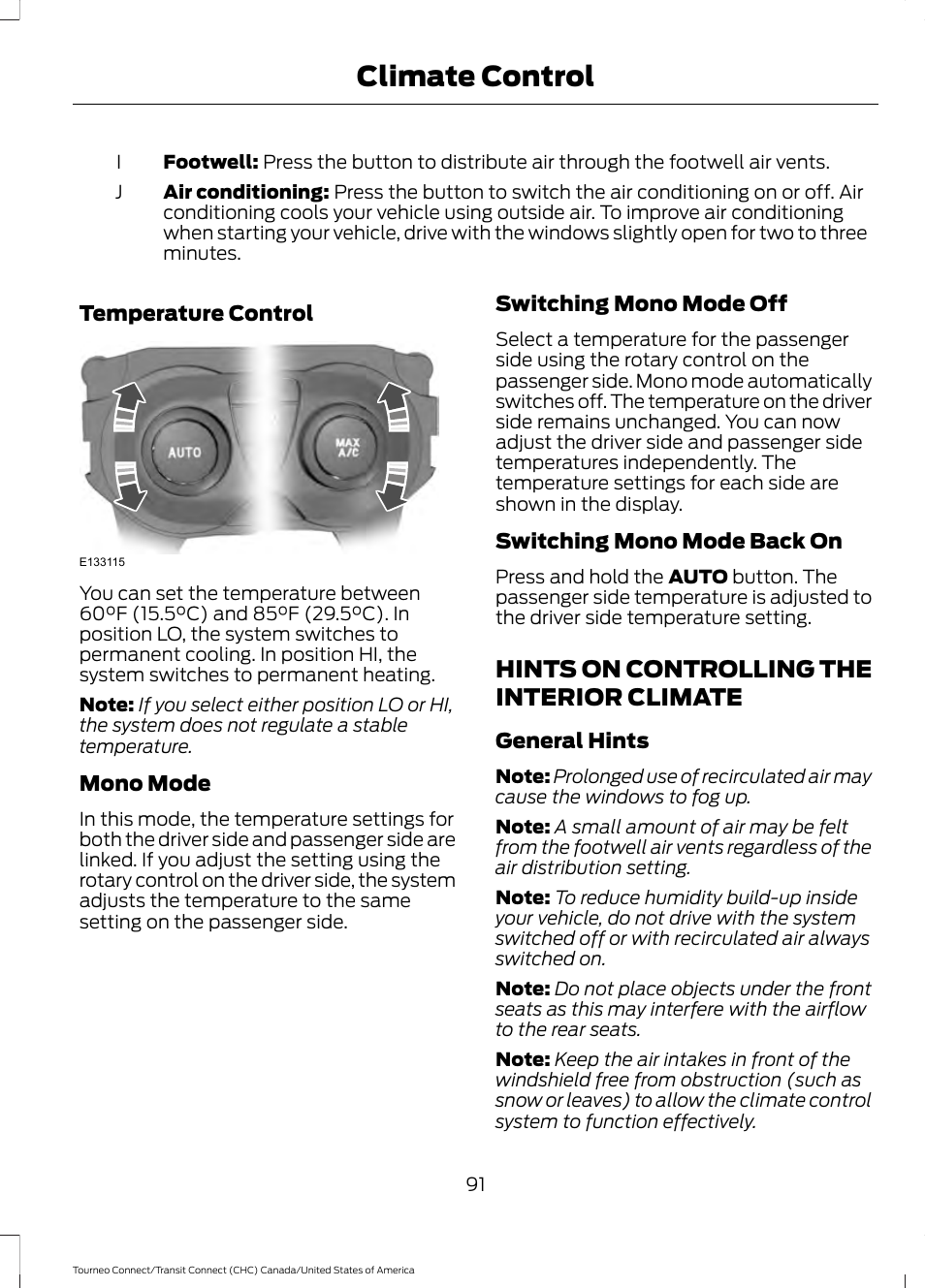 Hints on controlling the interior climate, Hints on controlling the interior, Climate | Climate control | FORD 2014 Transit Connect v.1 User Manual | Page 94 / 401