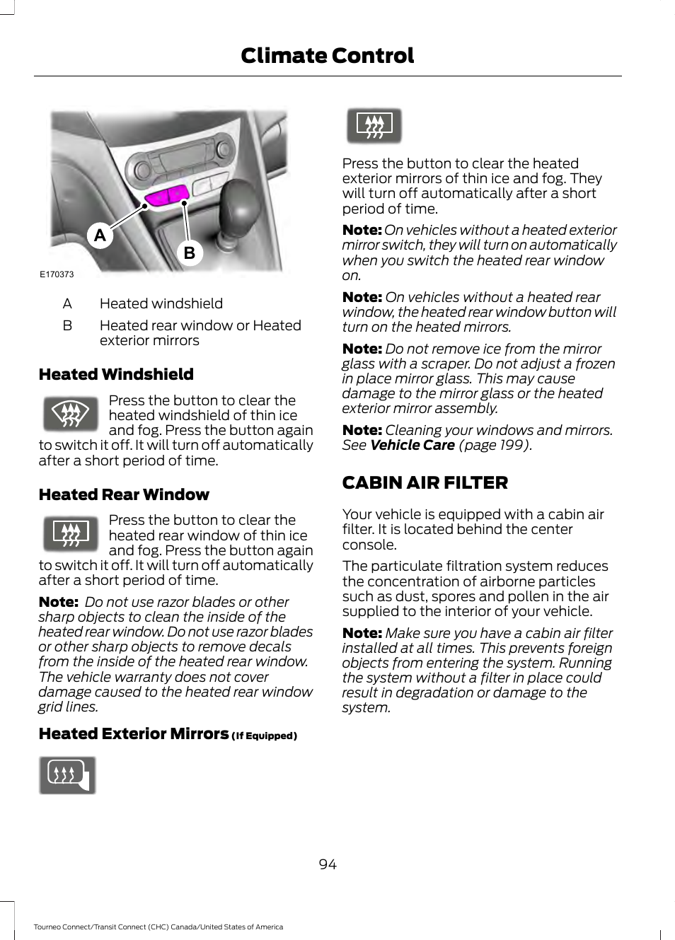 Cabin air filter, Climate control | FORD 2014 Transit Connect v.1 User Manual | Page 97 / 401