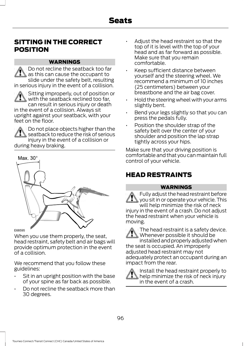 Seats, Sitting in the correct position, Head restraints | Sitting in the correct position head restraints | FORD 2014 Transit Connect v.1 User Manual | Page 99 / 401