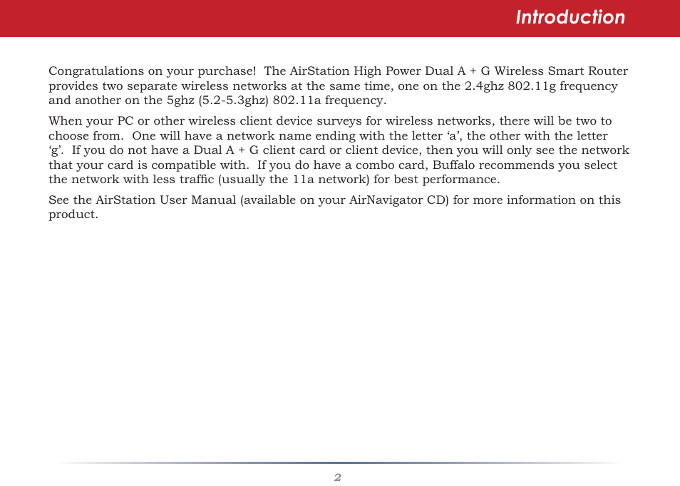 Introduction | Buffalo Technology Buffalo AirStation WHR-HP-AG108 User Manual | Page 2 / 7