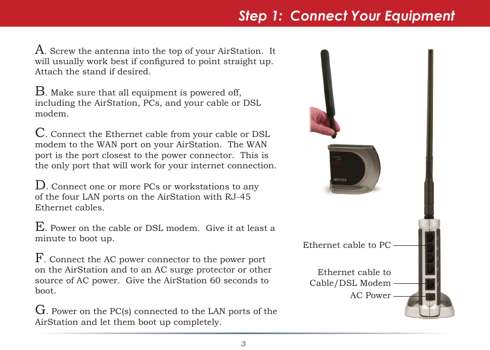 Step 1: connect your equipment | Buffalo Technology Buffalo AirStation WHR-HP-AG108 User Manual | Page 3 / 7