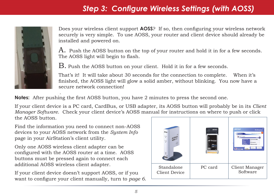 Aoss, Step 3: configure wireless settings (with aoss) | Buffalo Technology Buffalo AirStation WHR-HP-AG108 User Manual | Page 5 / 7