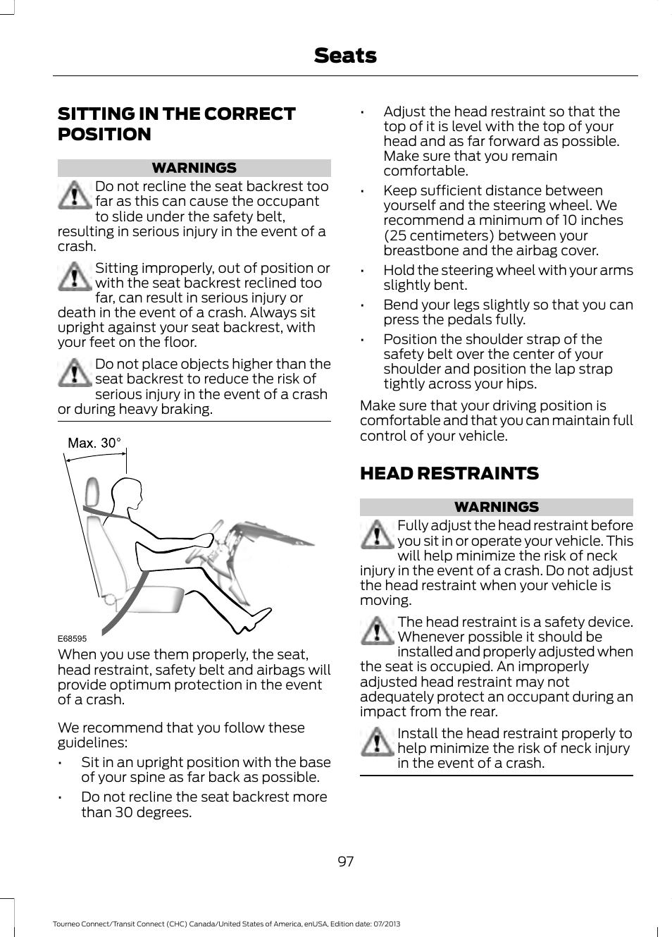 Seats, Sitting in the correct position, Head restraints | Sitting in the correct position head restraints | FORD 2014 Transit Connect v.2 User Manual | Page 100 / 404