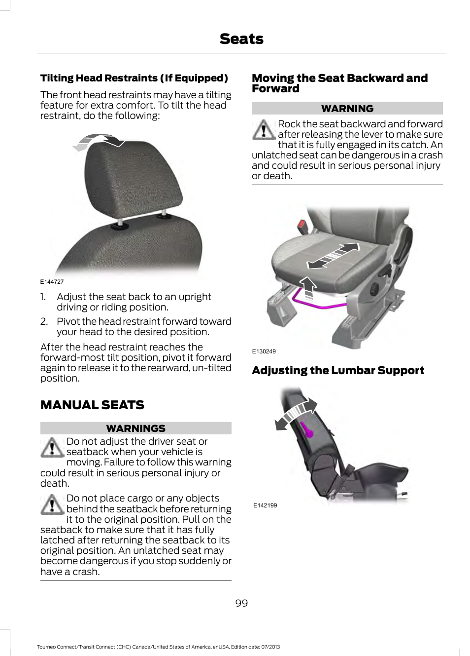 Manual seats, Seats | FORD 2014 Transit Connect v.2 User Manual | Page 102 / 404