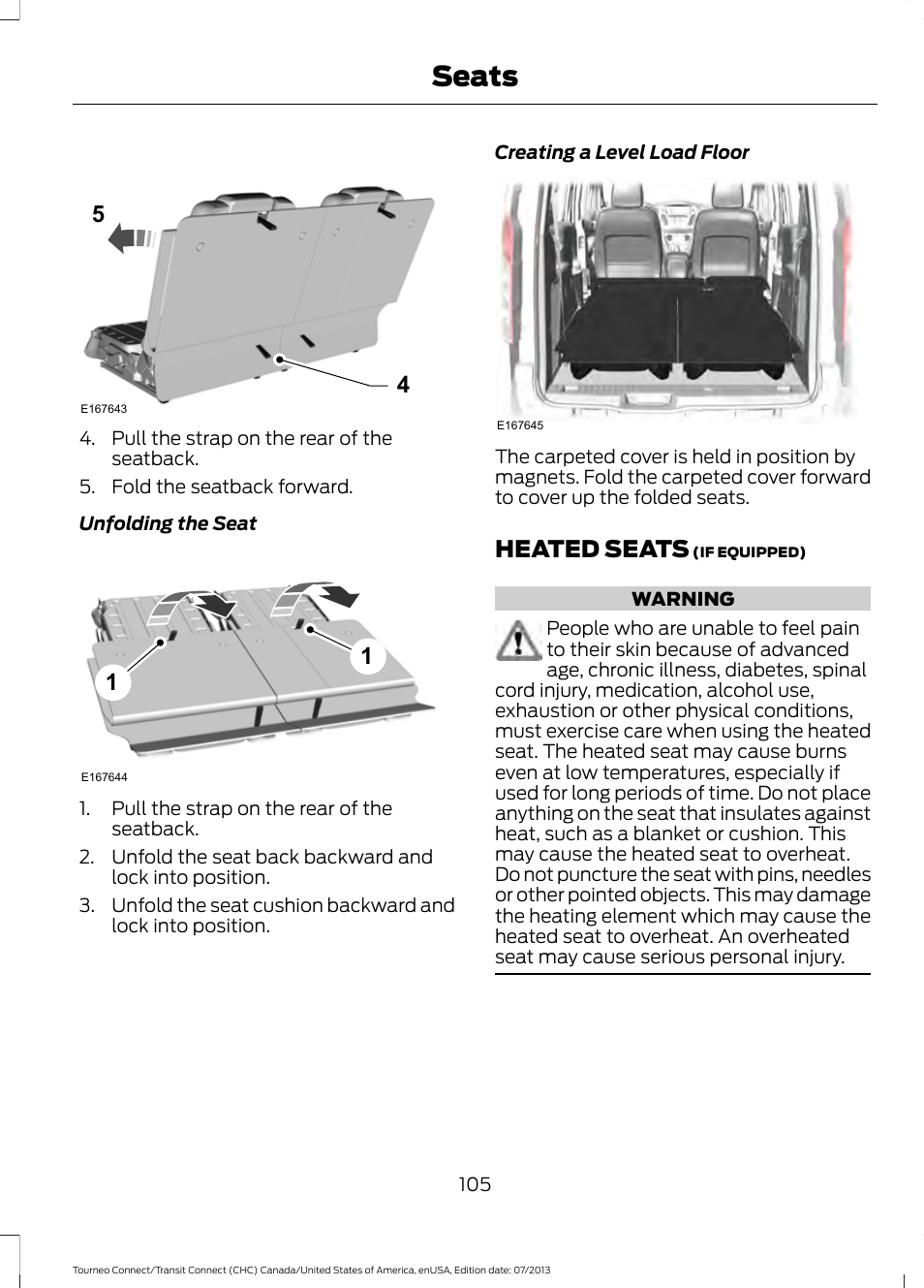 Heated seats, Seats | FORD 2014 Transit Connect v.2 User Manual | Page 108 / 404
