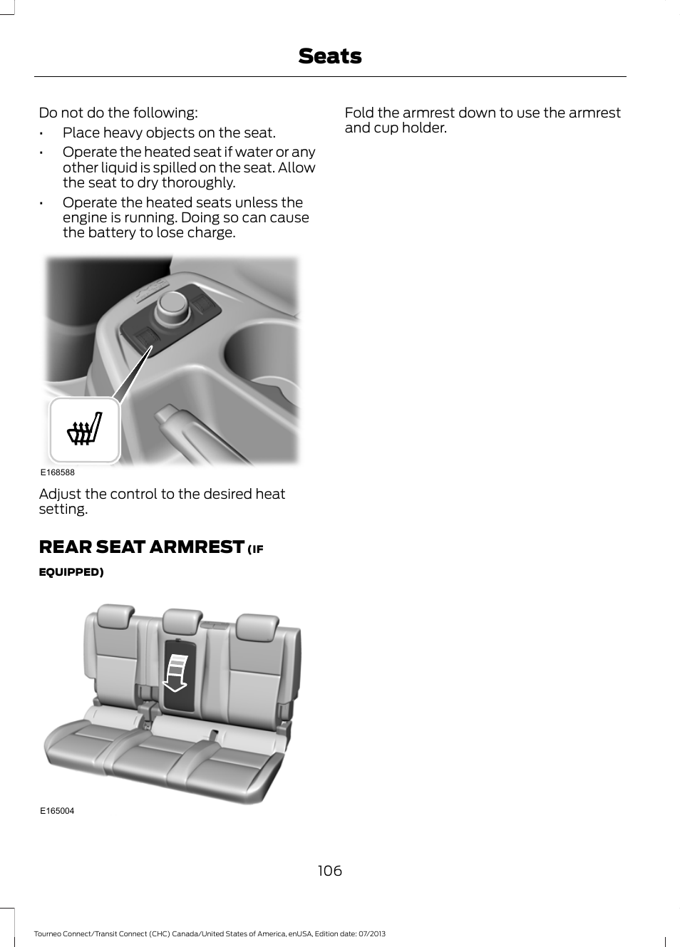 Rear seat armrest, Seats | FORD 2014 Transit Connect v.2 User Manual | Page 109 / 404