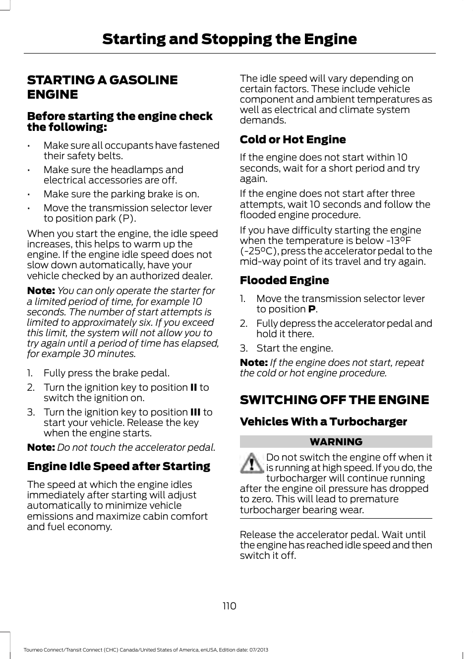 Starting a gasoline engine, Switching off the engine, Starting and stopping the engine | FORD 2014 Transit Connect v.2 User Manual | Page 113 / 404