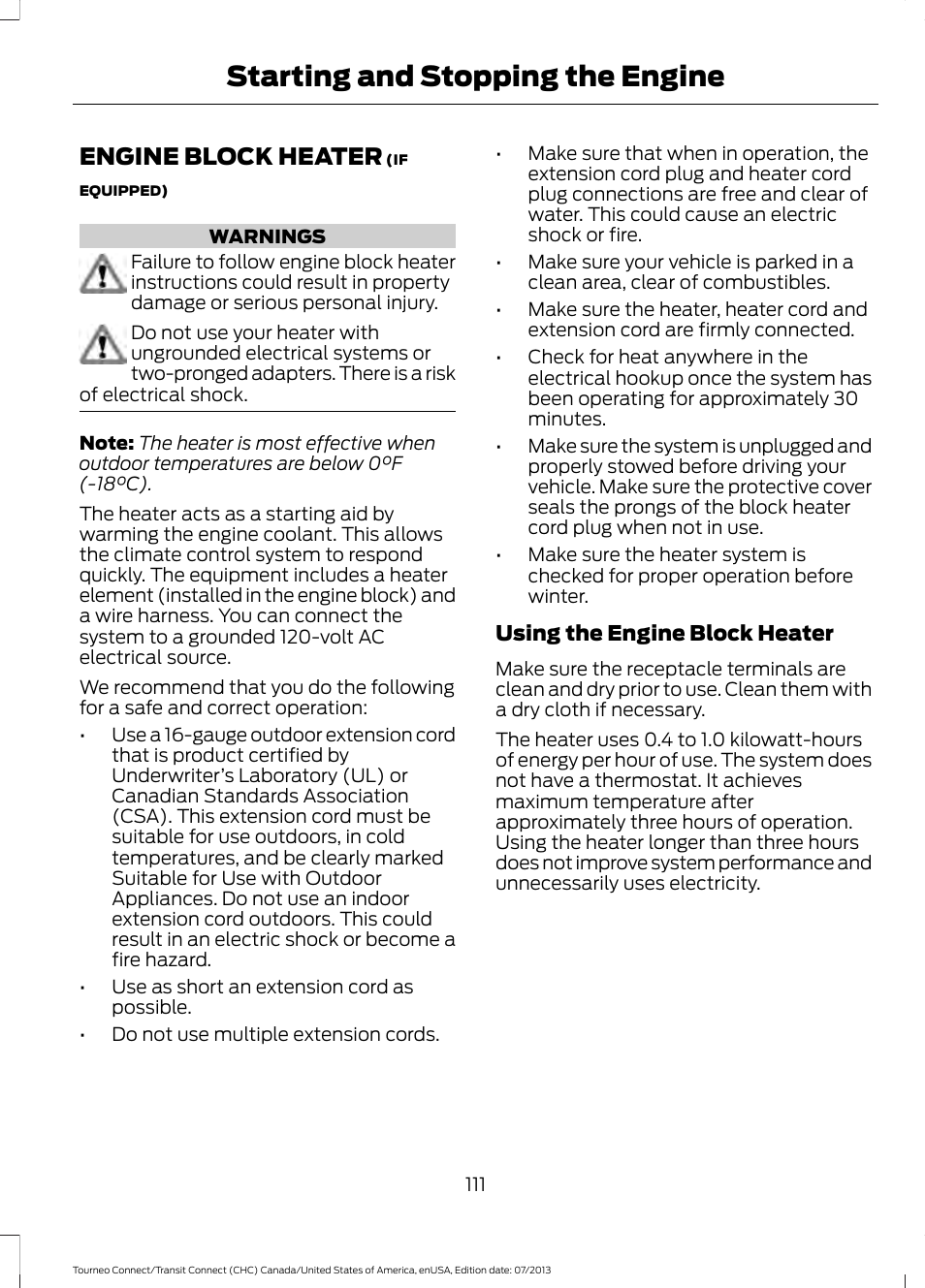 Engine block heater, Starting and stopping the engine | FORD 2014 Transit Connect v.2 User Manual | Page 114 / 404