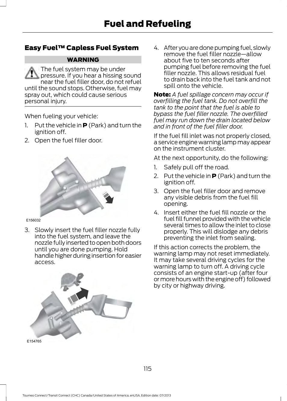 Fuel and refueling | FORD 2014 Transit Connect v.2 User Manual | Page 118 / 404