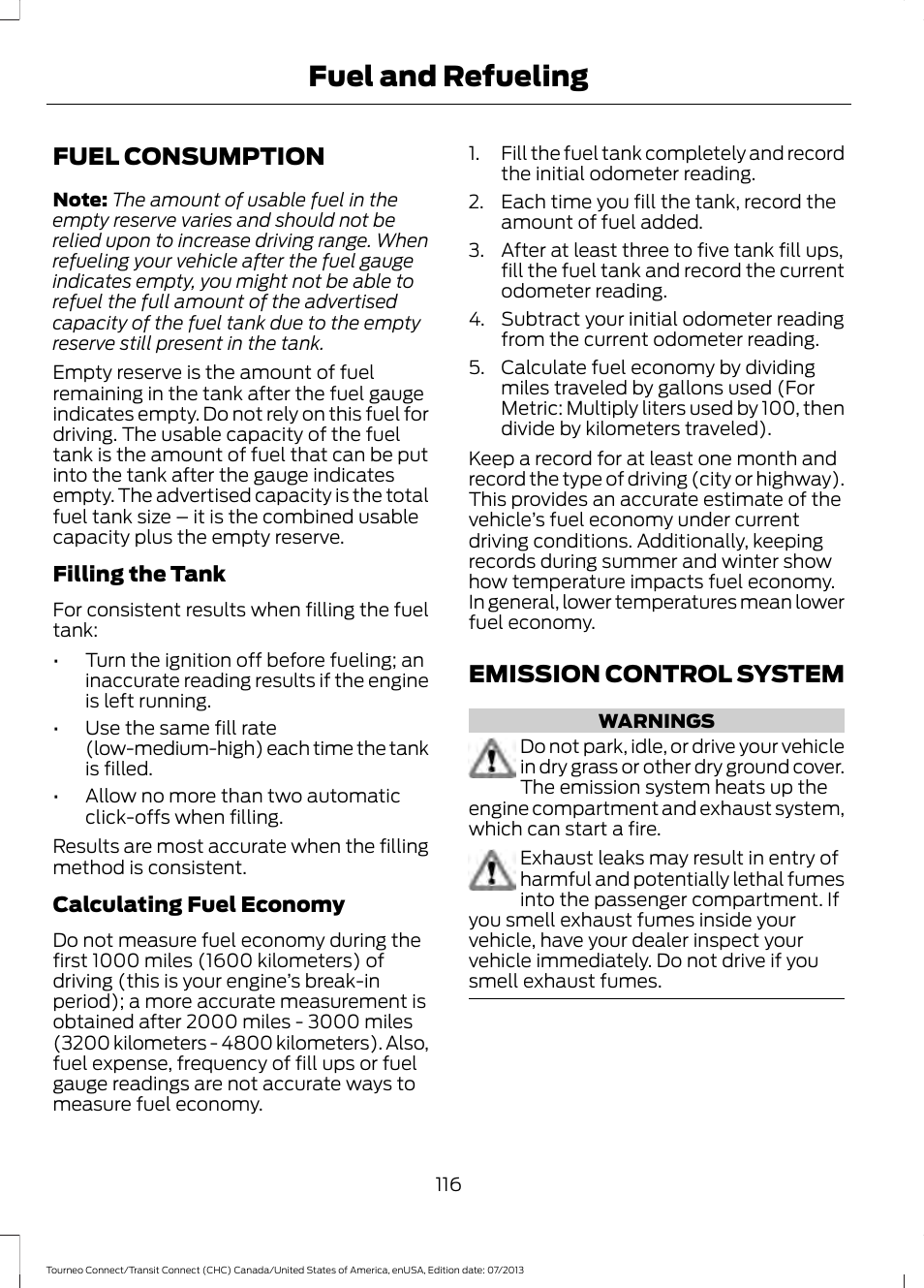 Fuel consumption, Emission control system, Fuel consumption emission control system | Fuel and refueling | FORD 2014 Transit Connect v.2 User Manual | Page 119 / 404