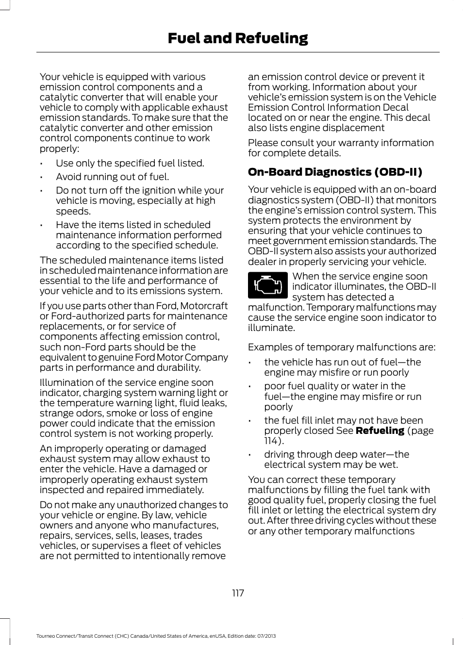 Fuel and refueling | FORD 2014 Transit Connect v.2 User Manual | Page 120 / 404