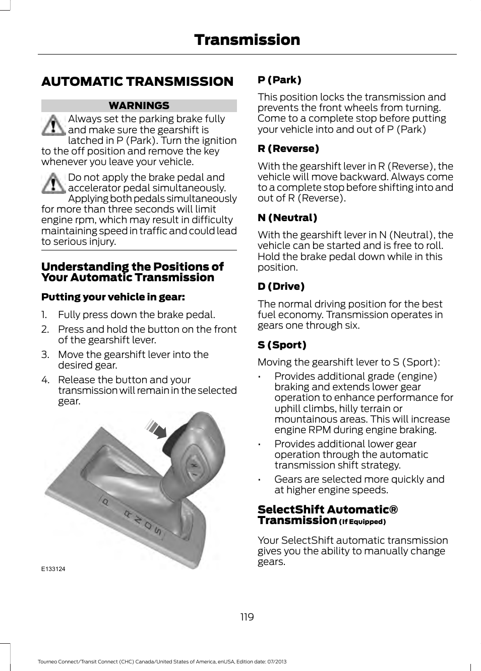 Transmission, Automatic transmission | FORD 2014 Transit Connect v.2 User Manual | Page 122 / 404