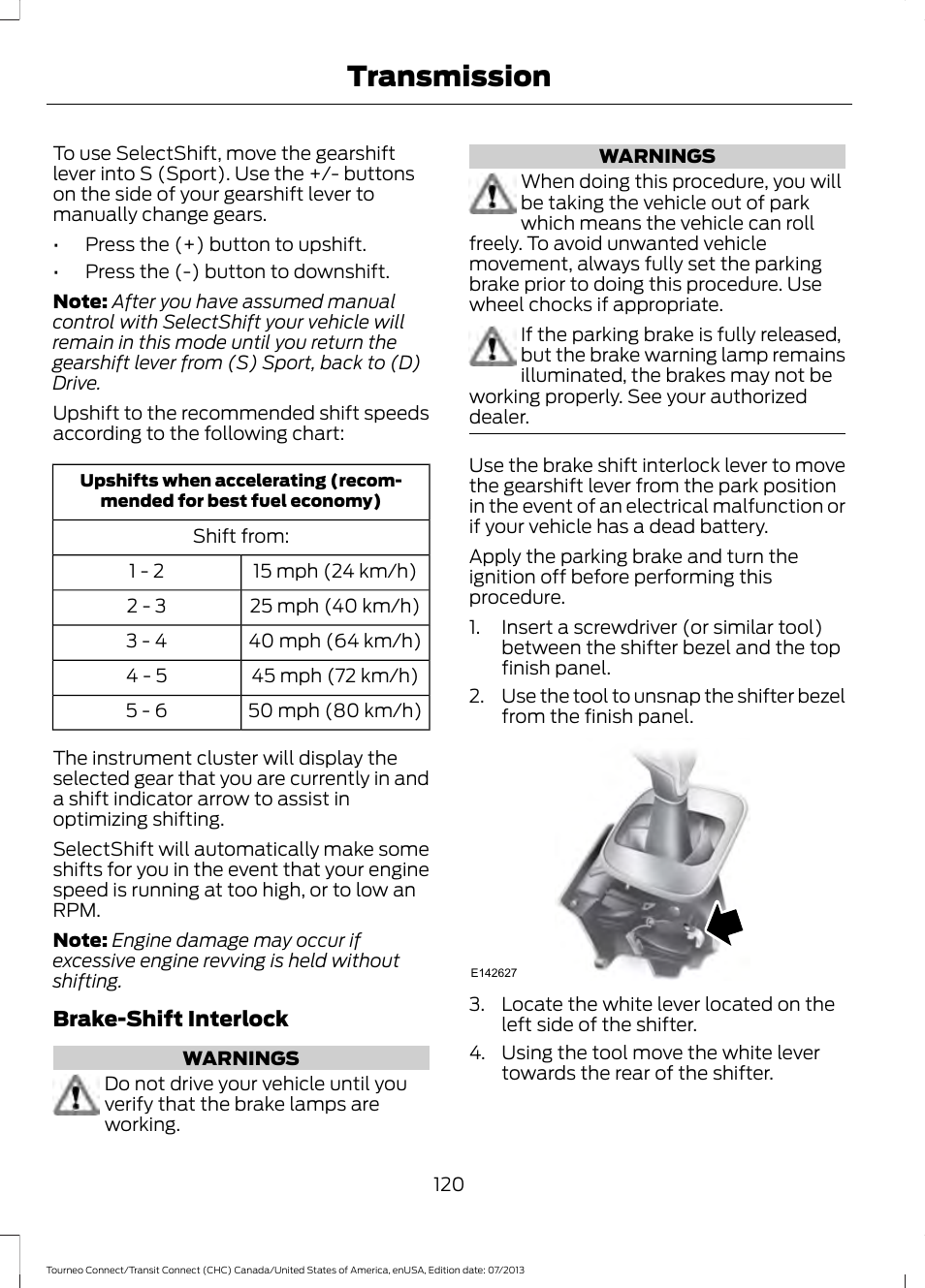 Transmission | FORD 2014 Transit Connect v.2 User Manual | Page 123 / 404