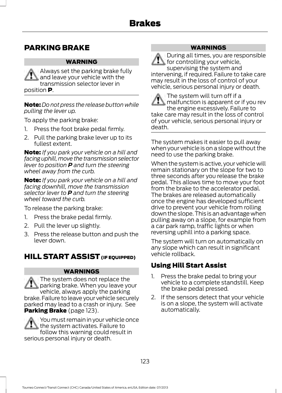 Parking brake, Hill start assist, Parking brake hill start assist | Brakes | FORD 2014 Transit Connect v.2 User Manual | Page 126 / 404