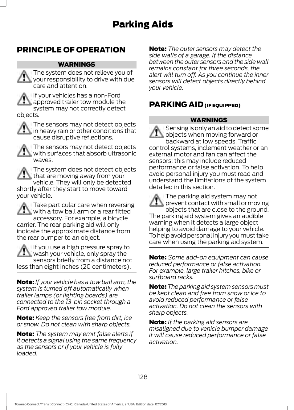 Parking aids, Principle of operation, Parking aid | Principle of operation parking aid | FORD 2014 Transit Connect v.2 User Manual | Page 131 / 404