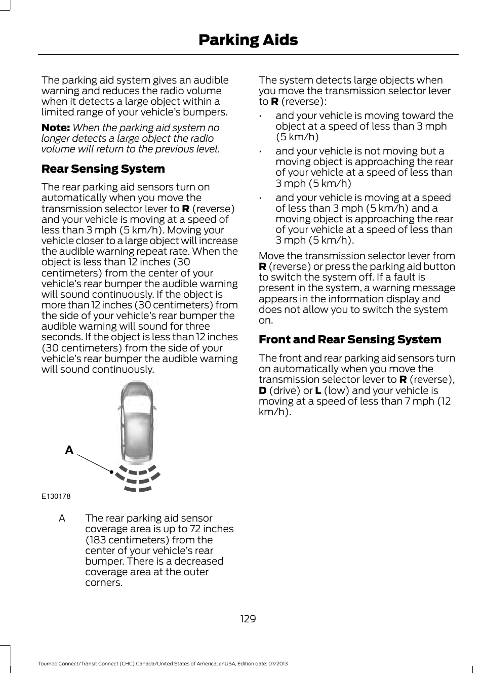 Parking aids | FORD 2014 Transit Connect v.2 User Manual | Page 132 / 404