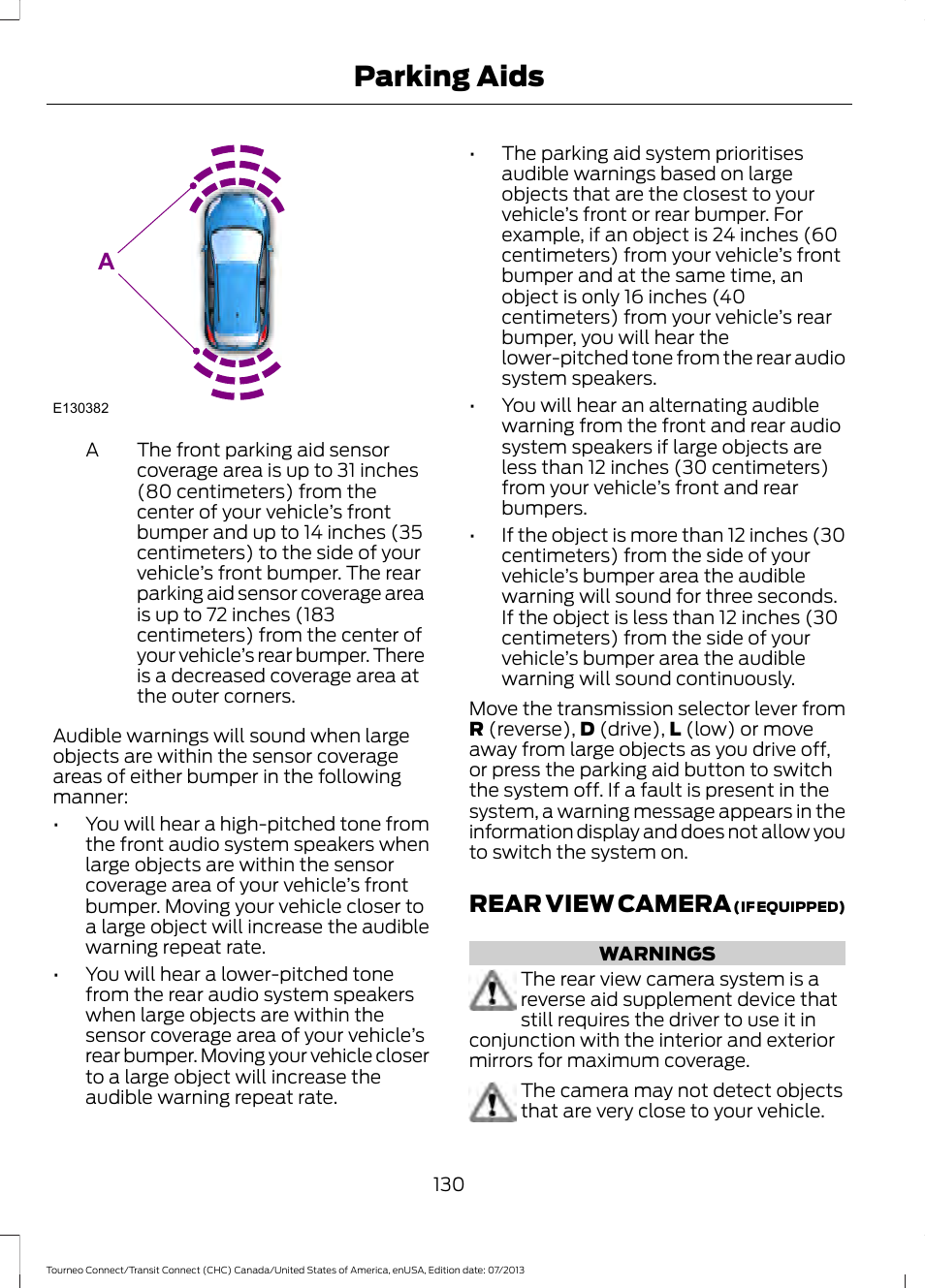 Rear view camera, Parking aids | FORD 2014 Transit Connect v.2 User Manual | Page 133 / 404