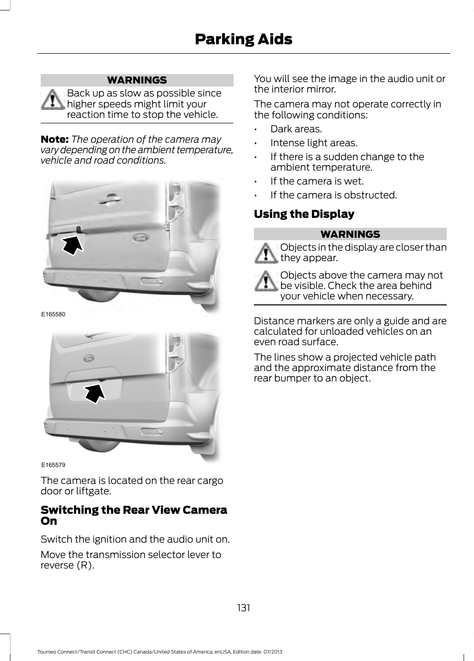 Parking aids | FORD 2014 Transit Connect v.2 User Manual | Page 134 / 404