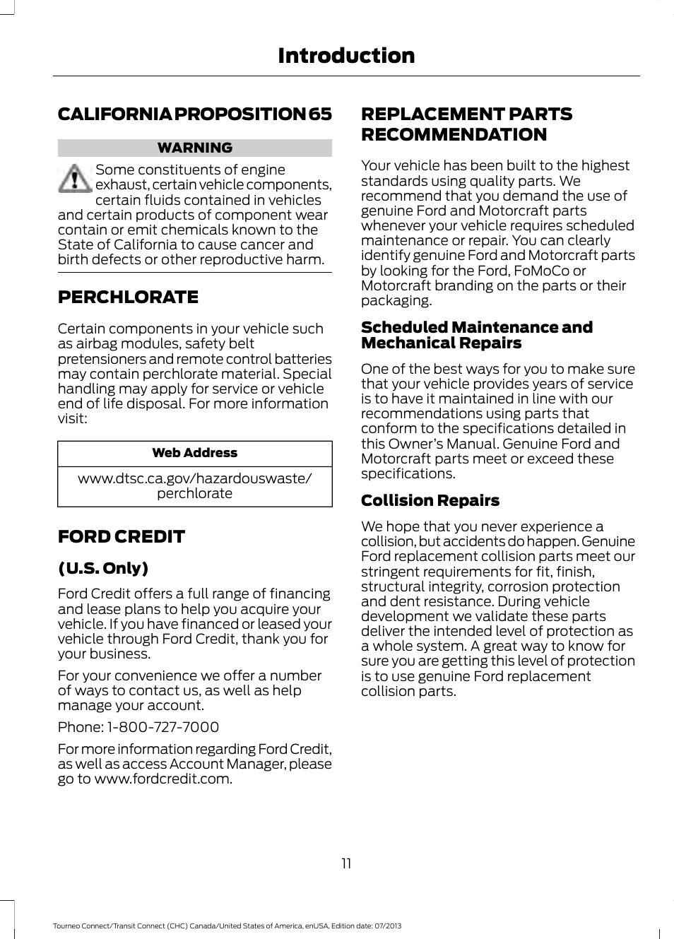 California proposition 65, Perchlorate, Ford credit | Replacement parts recommendation, Recommendation, Introduction | FORD 2014 Transit Connect v.2 User Manual | Page 14 / 404