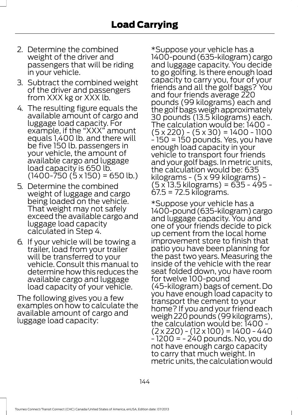 Load carrying | FORD 2014 Transit Connect v.2 User Manual | Page 147 / 404