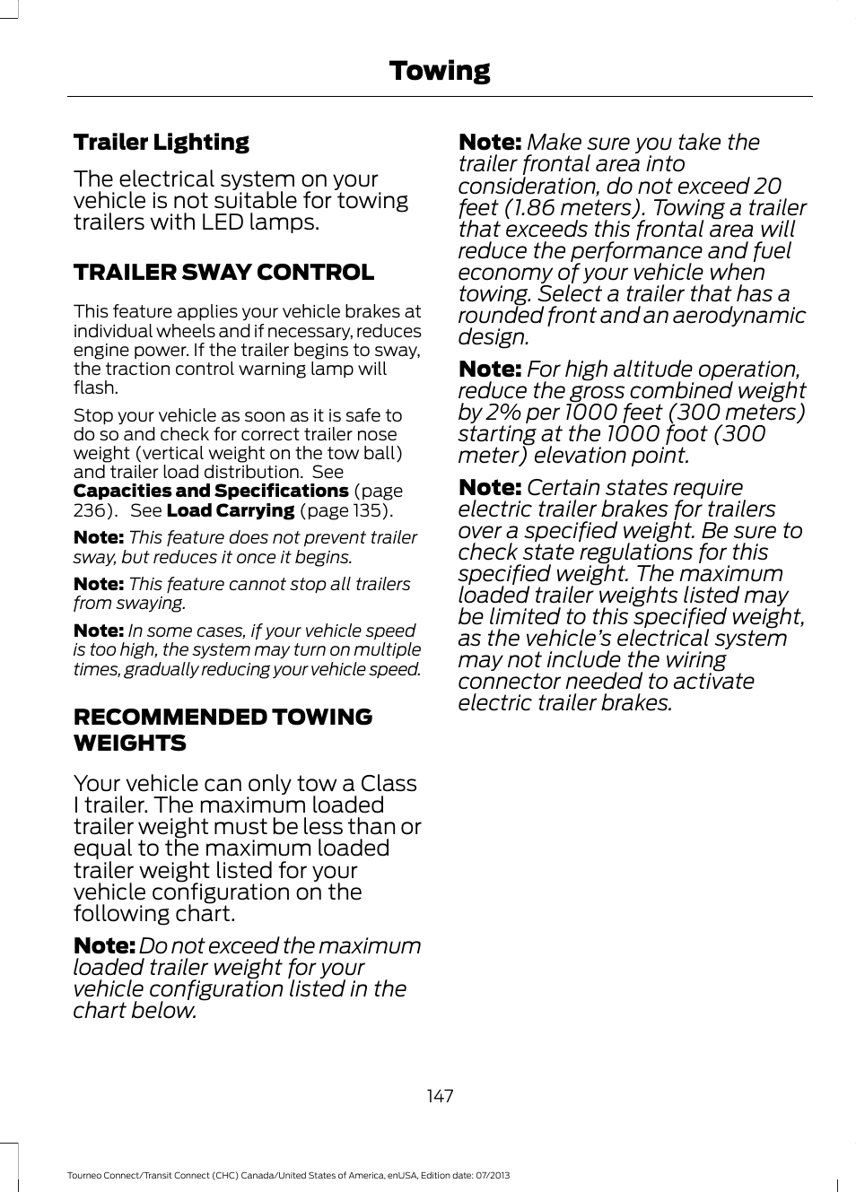 Trailer sway control, Recommended towing weights, Trailer sway control recommended towing weights | Towing | FORD 2014 Transit Connect v.2 User Manual | Page 150 / 404