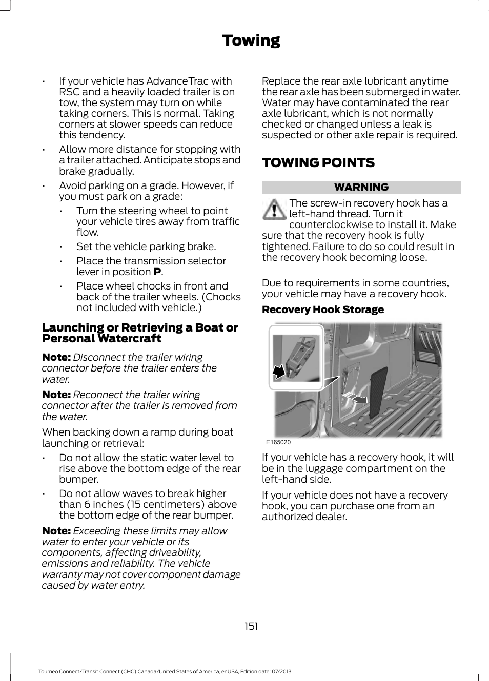 Towing points, Towing | FORD 2014 Transit Connect v.2 User Manual | Page 154 / 404