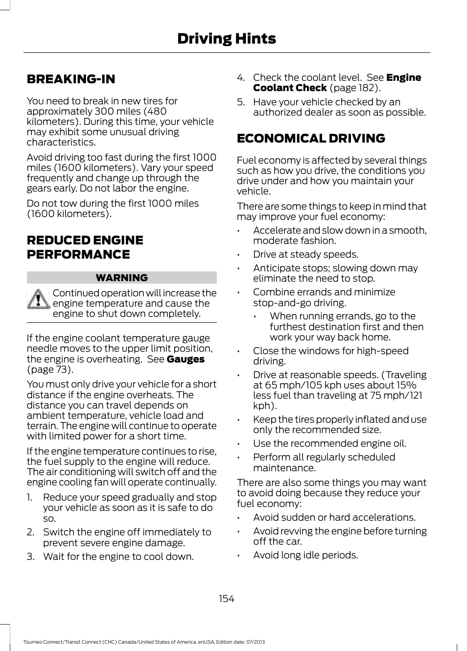 Driving hints, Breaking-in, Reduced engine performance | Economical driving | FORD 2014 Transit Connect v.2 User Manual | Page 157 / 404