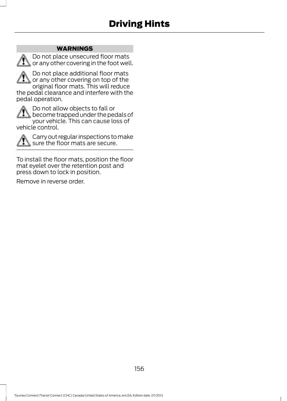 Driving hints | FORD 2014 Transit Connect v.2 User Manual | Page 159 / 404
