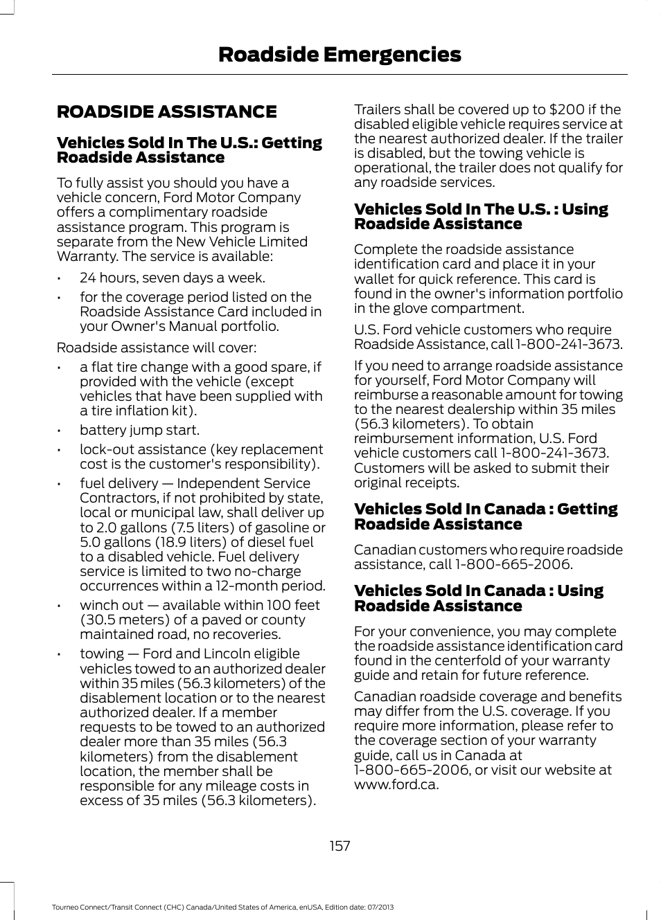 Roadside emergencies, Roadside assistance | FORD 2014 Transit Connect v.2 User Manual | Page 160 / 404
