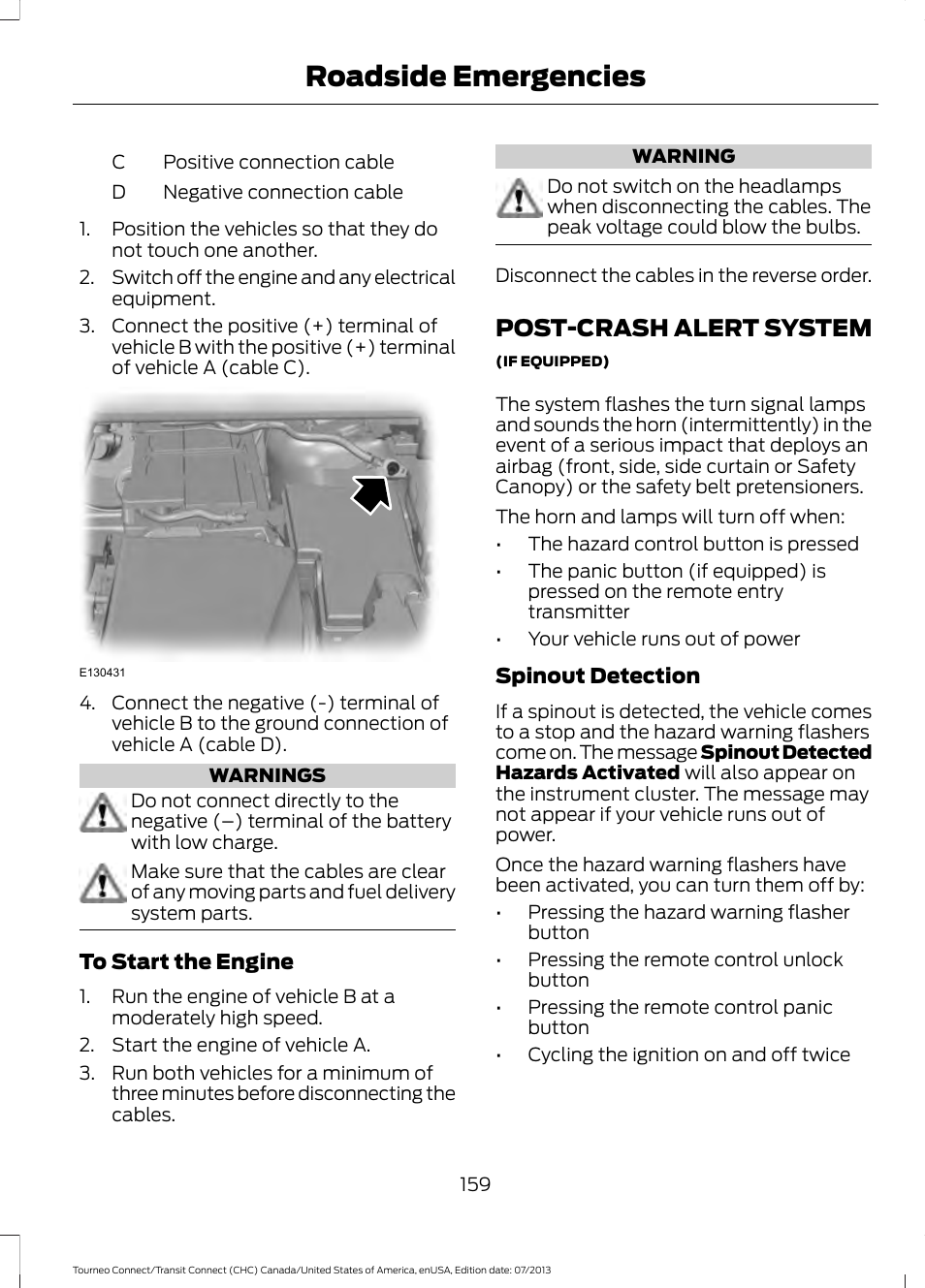 Post-crash alert system, Roadside emergencies | FORD 2014 Transit Connect v.2 User Manual | Page 162 / 404