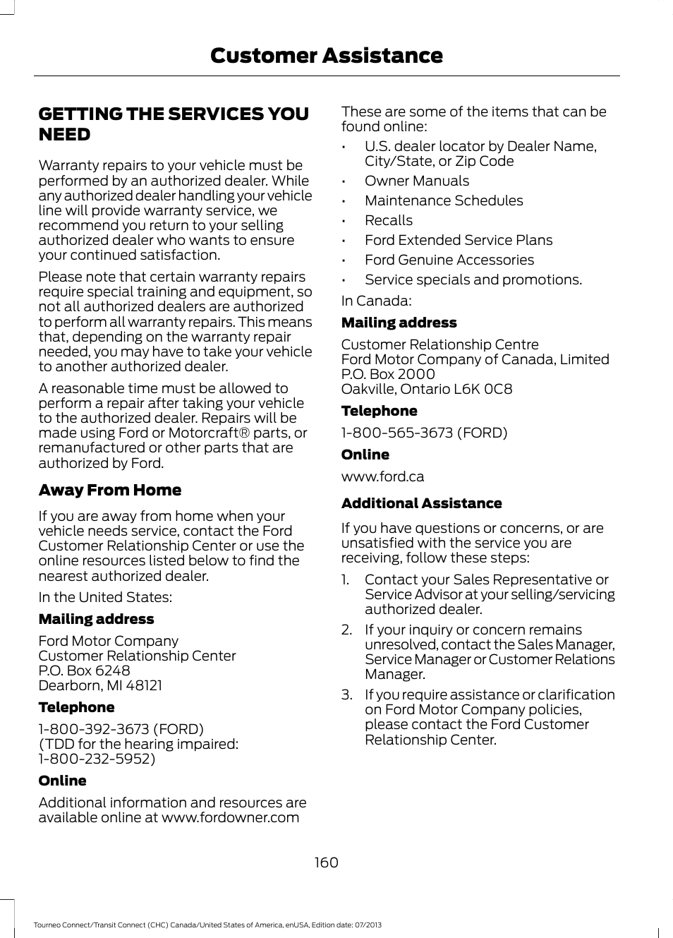 Customer assistance, Getting the services you need | FORD 2014 Transit Connect v.2 User Manual | Page 163 / 404