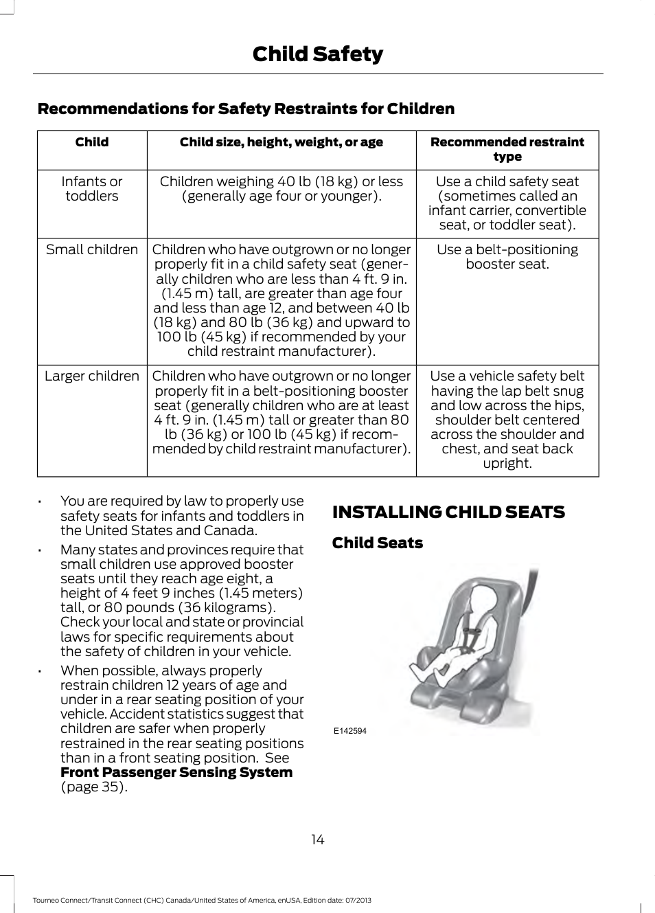 Installing child seats, Child safety | FORD 2014 Transit Connect v.2 User Manual | Page 17 / 404