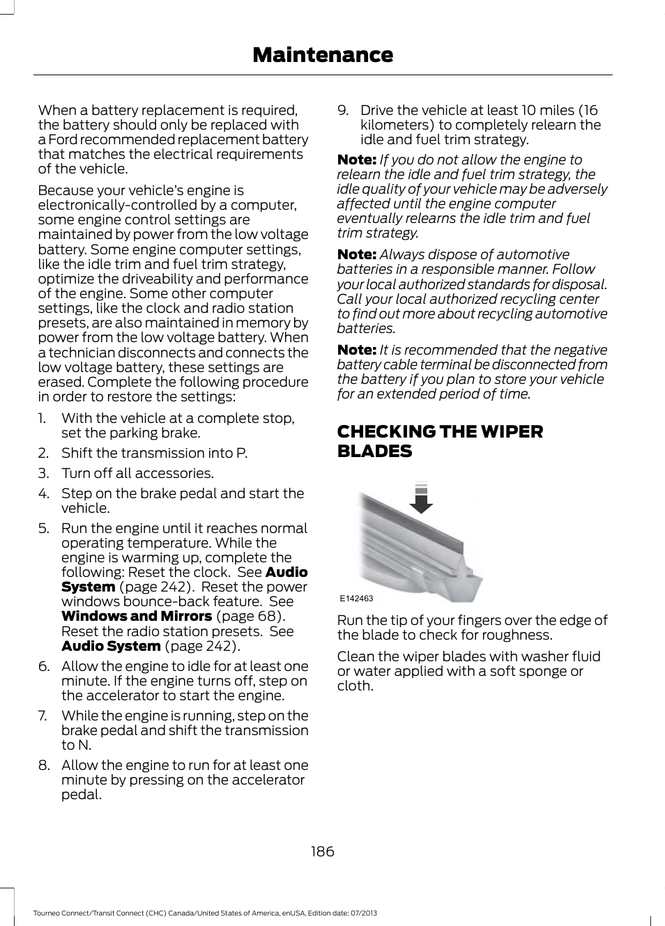 Checking the wiper blades, Maintenance | FORD 2014 Transit Connect v.2 User Manual | Page 189 / 404