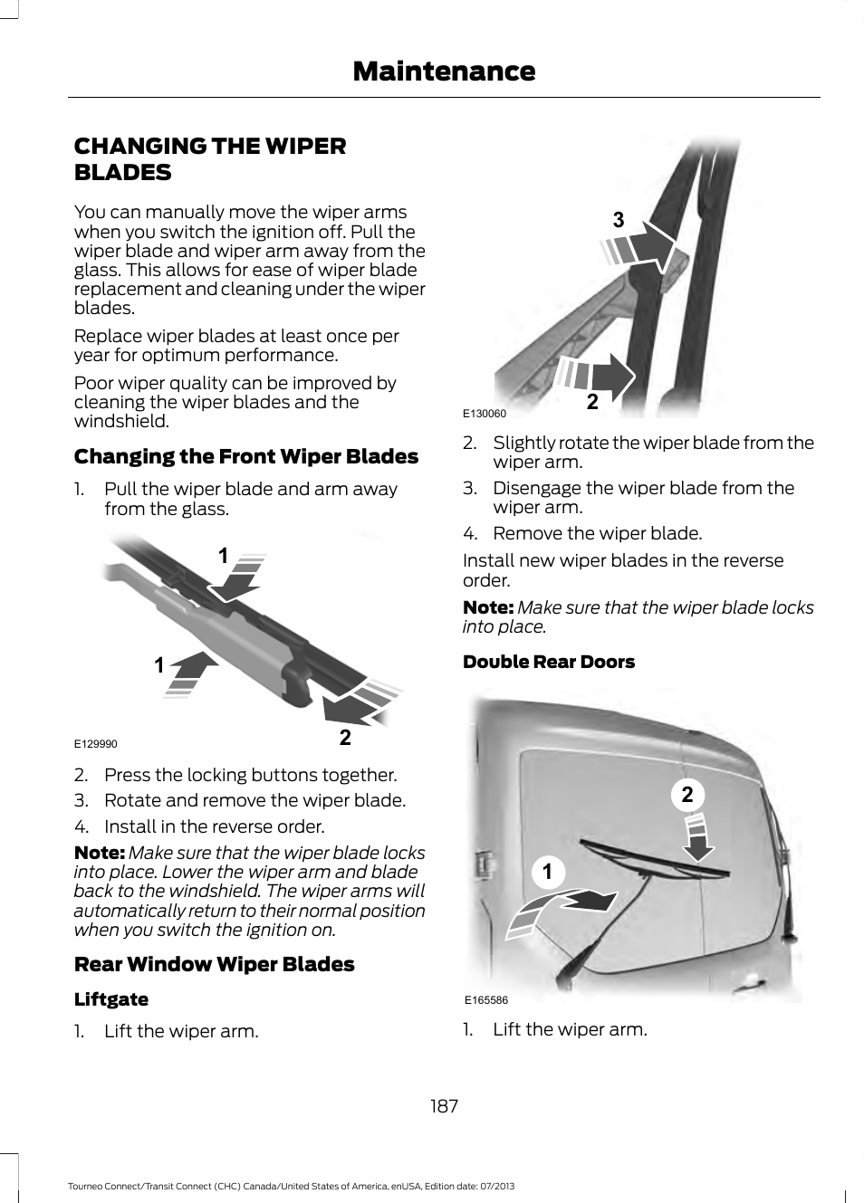 Changing the wiper blades, Maintenance | FORD 2014 Transit Connect v.2 User Manual | Page 190 / 404